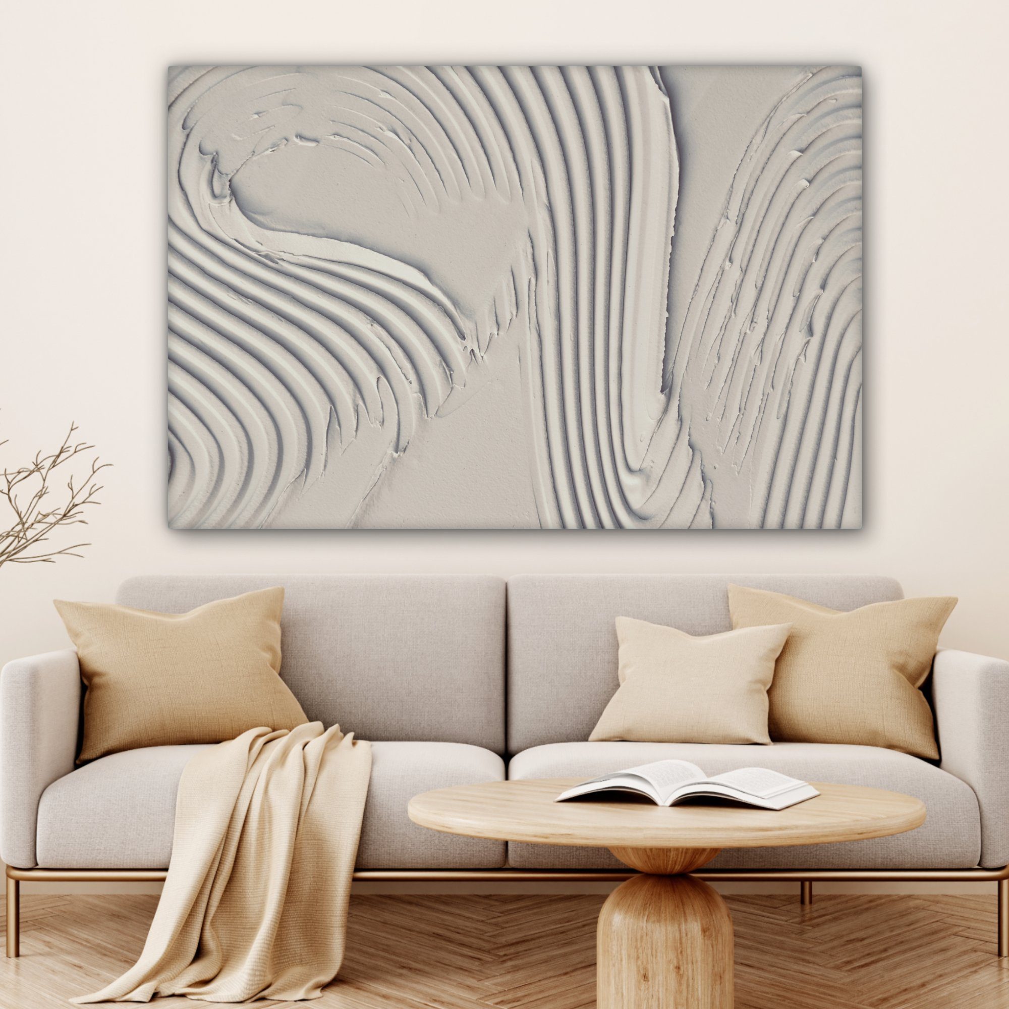 OneMillionCanvasses® Leinwandbild Abstrakt alle 120x80 XXL, Gemälde, - Linien cm Kunst St), - Wandbild für Wohnbereiche, - (1 Weiß, großes