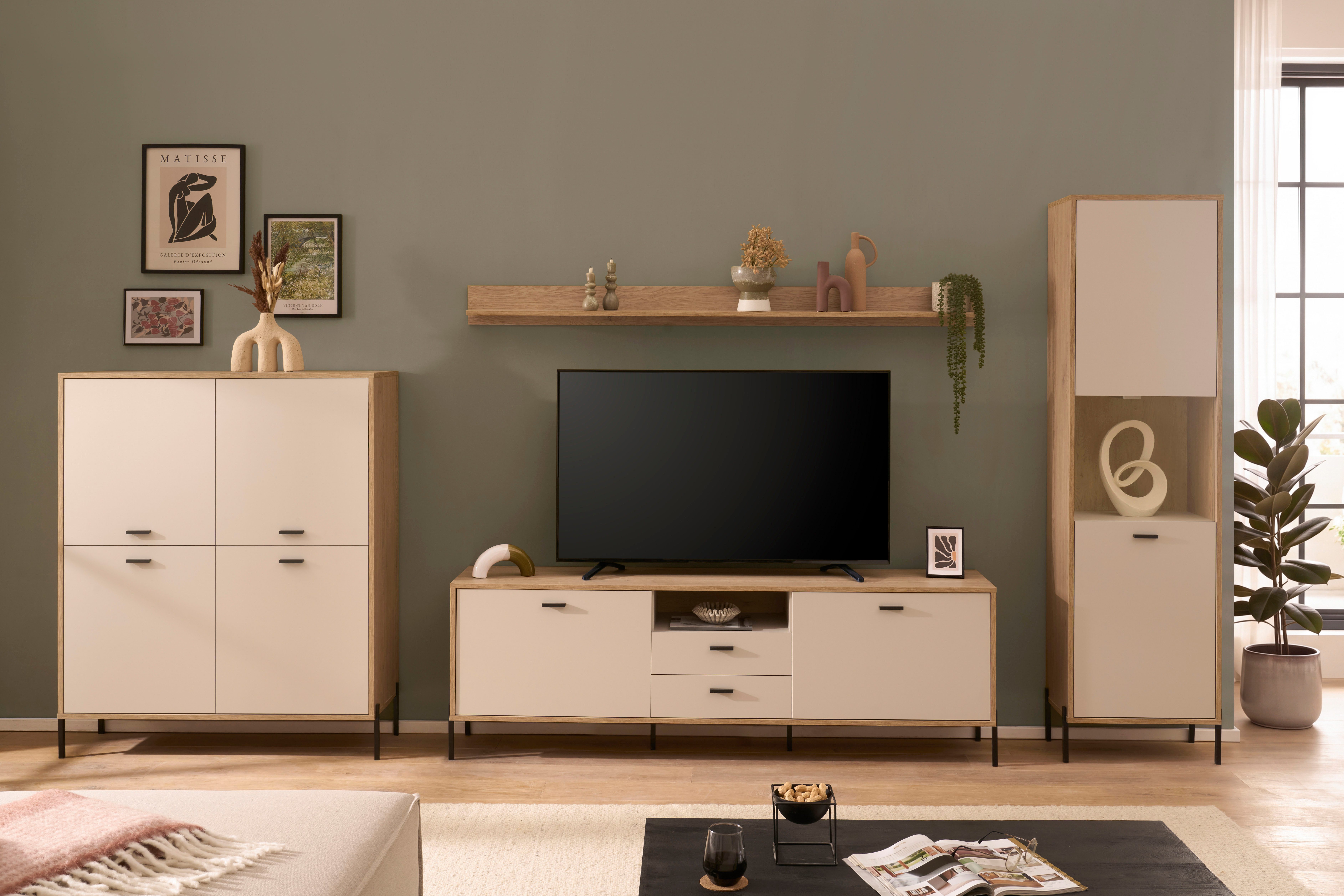 Home affaire Wohnwand Fredericia, moderne Anbauwand, Komplettset in Kaschmir, (Set, 4-St), enthält Vitrine, Lowboard, Highboard und Wandboard, 384 cm breit