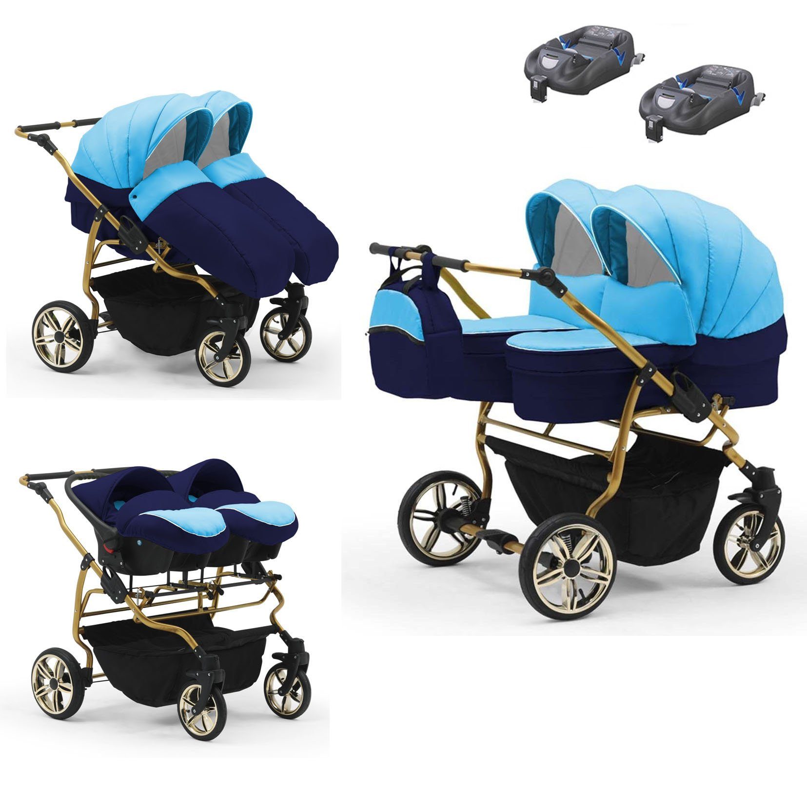 babies-on-wheels Zwillingswagen Zwillingswagen Duet Lux Gold 4 in 1 - 15 Teile - in 33 Farben Hellblau-Navy