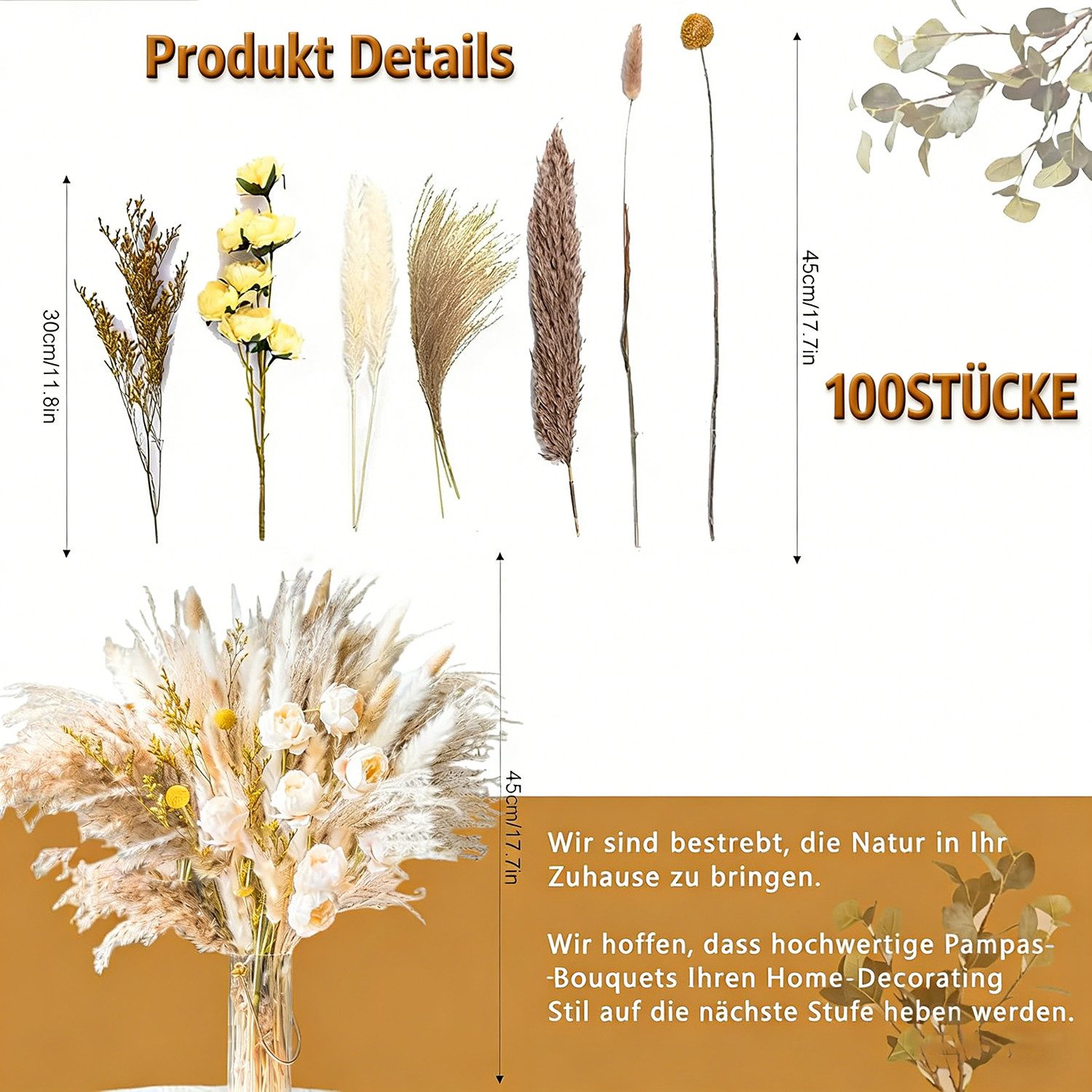 Trockenblume Natürliche Pampasgras Deko 100 Stück DIY Trockenblumen für Pampasgras Schilfgras, Hasenschwanzgras, Goldkugelgras und flauschiges Gras, wohnTRAUM24, Höhe 43 cm, Ideal for Boho Wohnzimmer-Schlafzimmer-und Vasen Deko