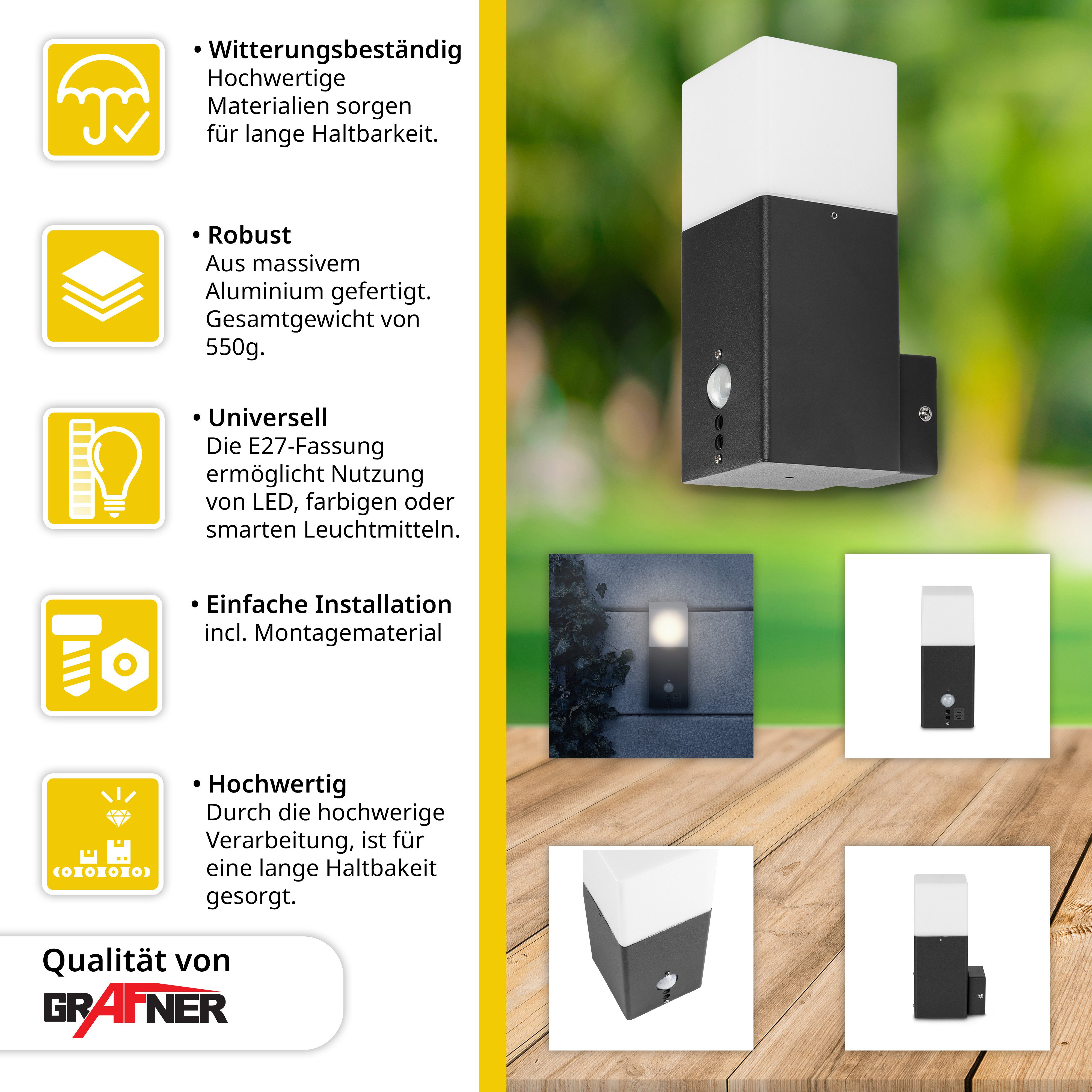 Grafner Wandleuchte Wandlampe Alu minium anzhrazit mit Bewegungsmelder Wandleuchte, ohne Leuchtmittel, Wandleuchte