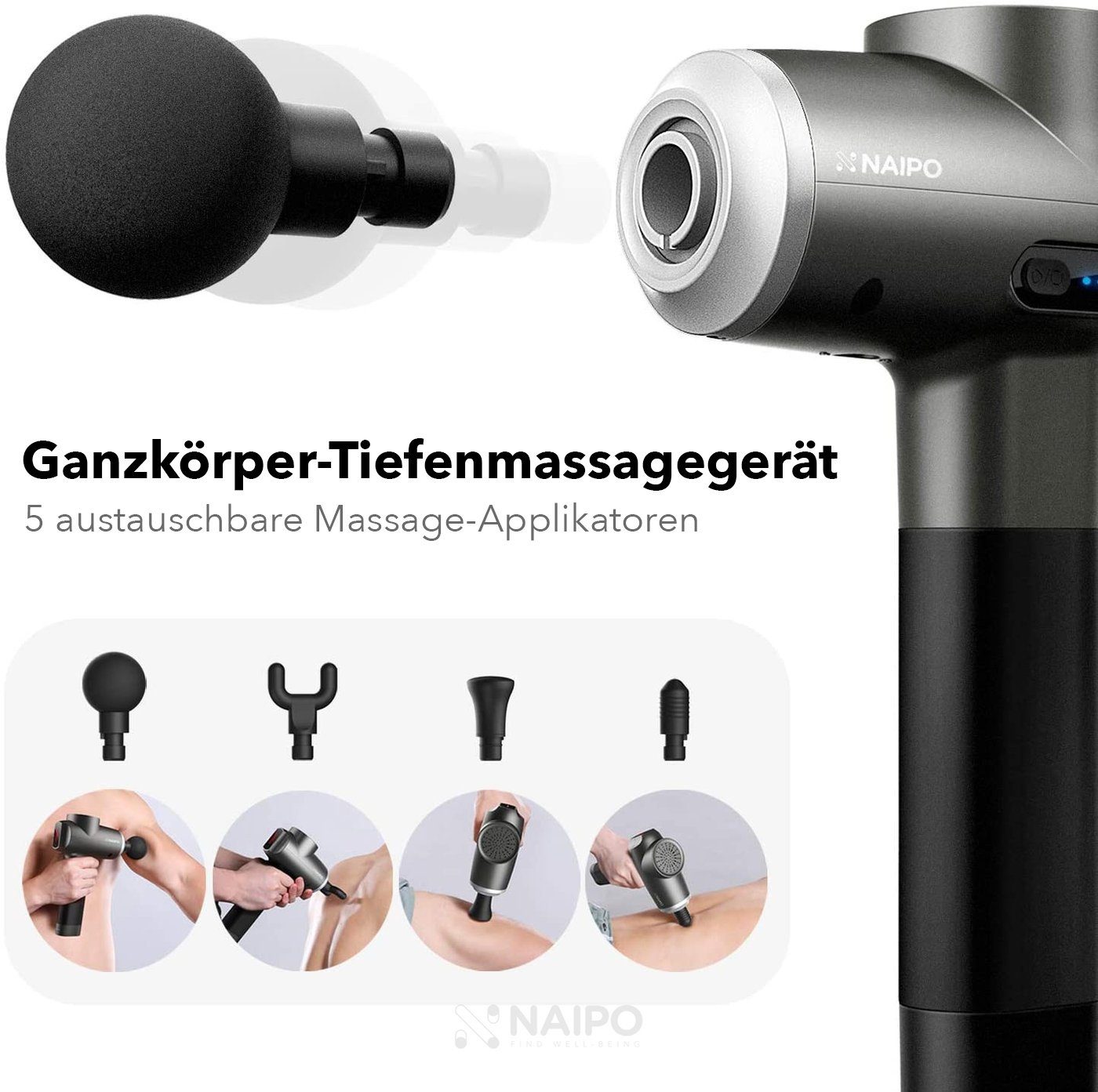 NAIPO Massagepistole, Leistungsstark, 5 Intensitätsstufen, 4 Aufsätze, USB