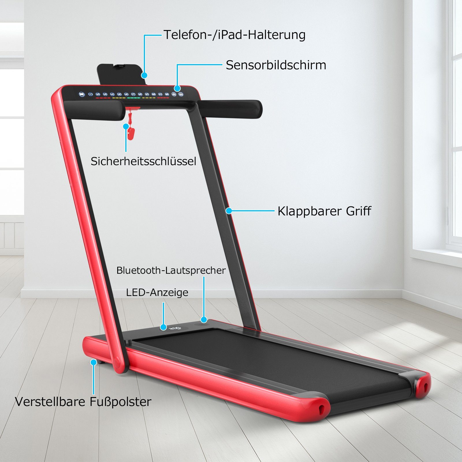 COSTWAY Laufband 2 in 1 APP, 12 1 LED, mit - rot klappbar Heimtrainer, km/h