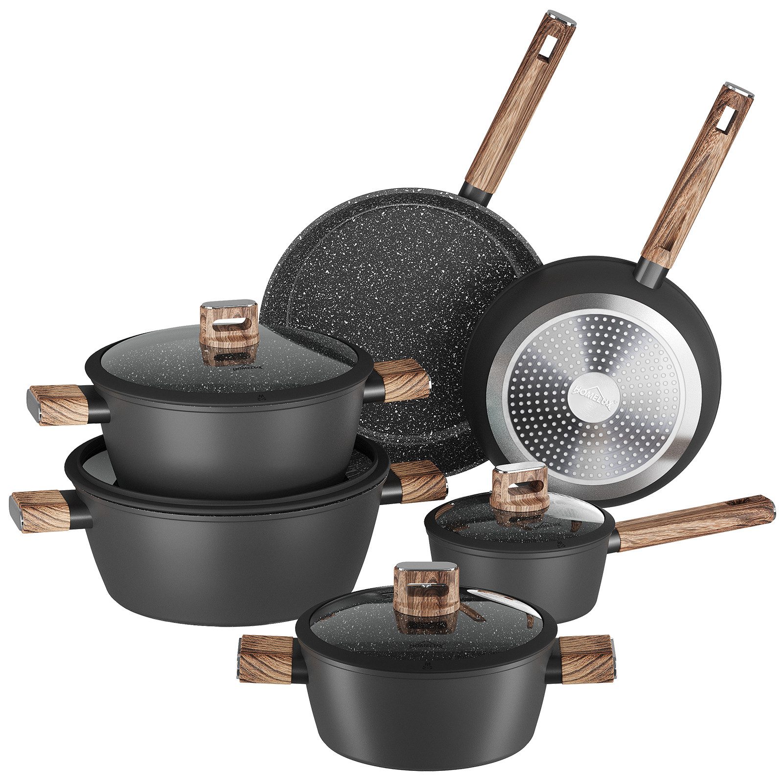 Topf-Set Schwarz Kochgeschirr-Set, 10tlg Induktions Kochtopfset mit Deckel