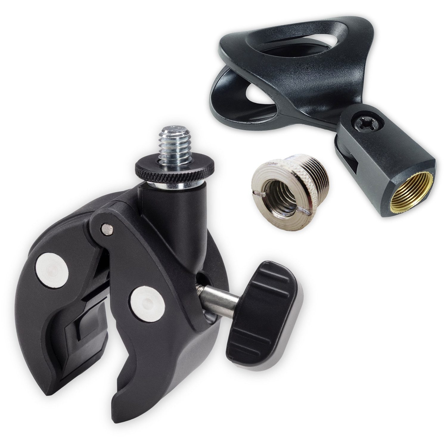 König & Meyer Klemmen K-M Universalklemme 23690 mit Mikrofonklemme und Reduziergewinde, (Universalklemme, schwarz), Vorteils-Set mit Mikrofonklemme