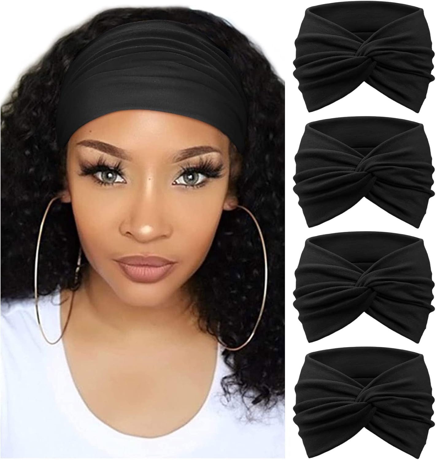 Zaewry Haargummi 4 Stück Stirnbänder Damen Boho Breite Haarband Weiche Yoga Stirnband