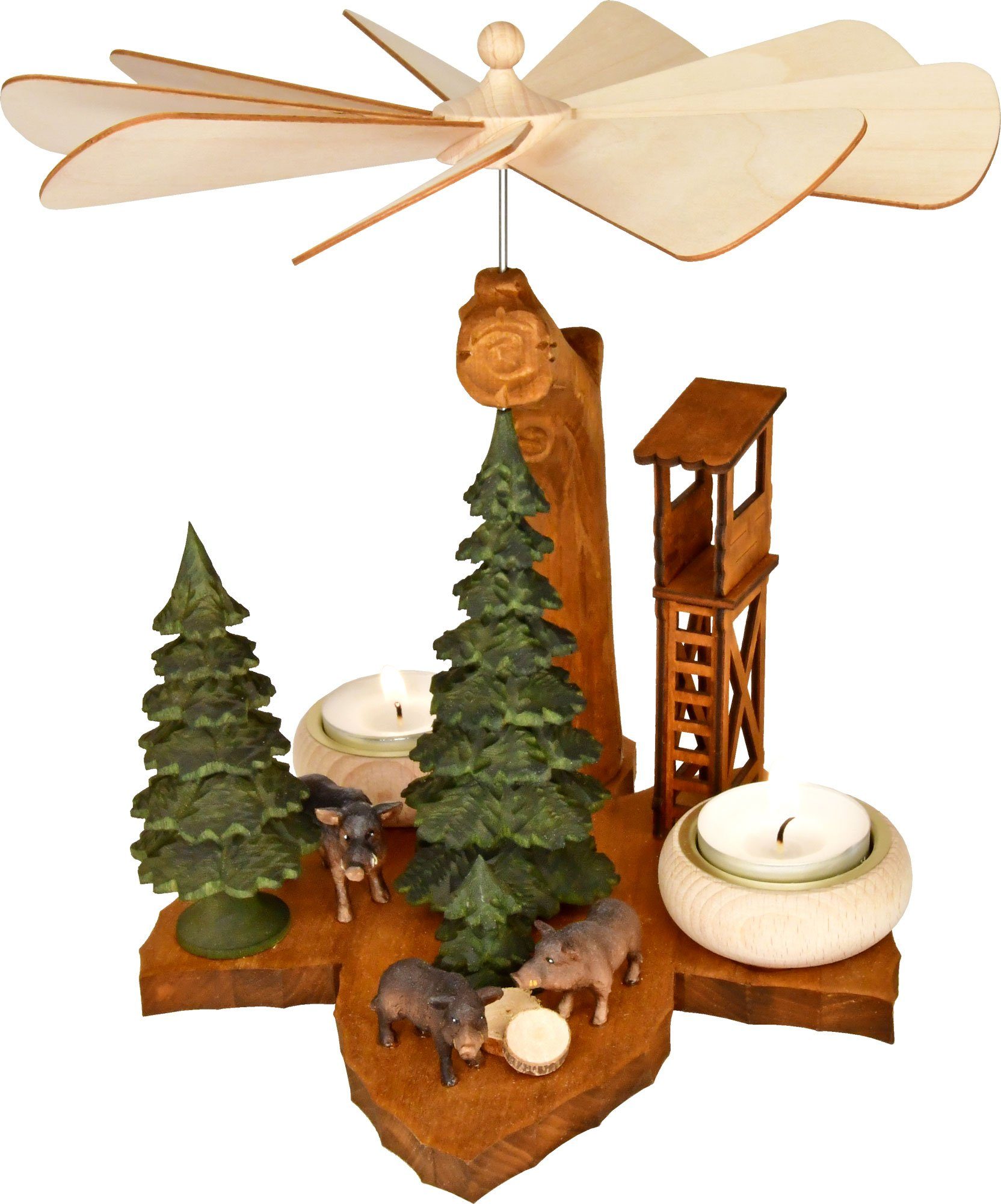 Massivholz-Blattpyramide, Handarbeit cm, für RATAGS Weihnachtspyramide Wildsau Höhe dem Erzgebirge Teelichte, aus ca. 26