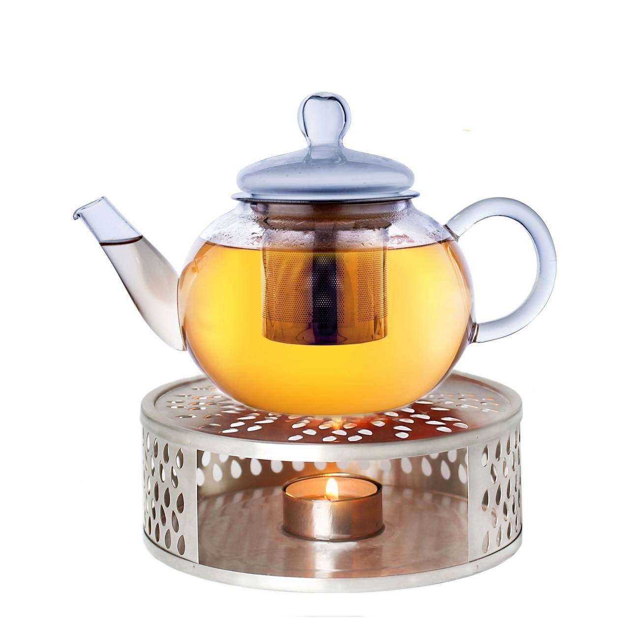 Creano Teekanne Teekanne “flach” 0,8l mit Stövchen aus Edelstahl, 0.8 l, (Set, 4-St., 1 Teekanne, 1 Stövchen, 1 Deckel)