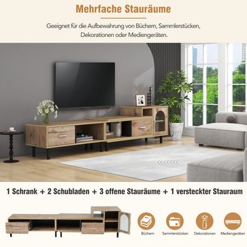 IDEASY TV-Schrank TV-Schrank aus Holz, Glastür, variabler Längenbereich 200 cm – 278 cm 2 Schubladen, raffinierte Griffe, 11 cm über dem Boden