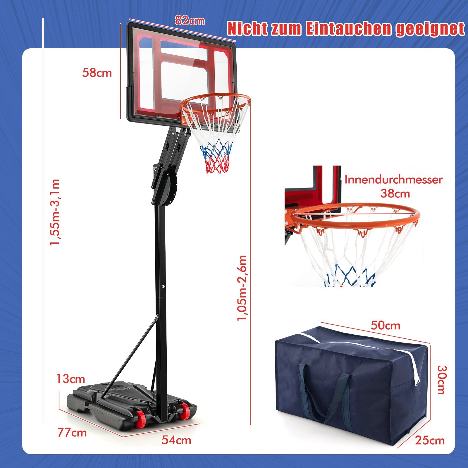 COSTWAY Basketballständer Basketballkorb, 228-265cm höhenverstellbar, Rädern