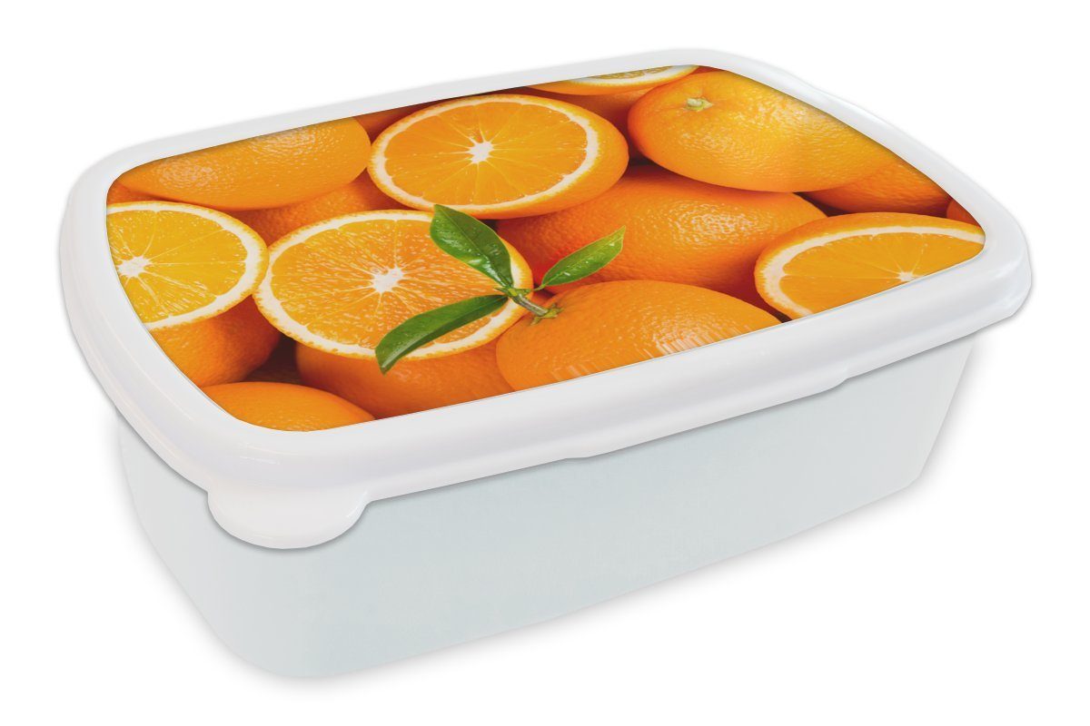 MuchoWow Lunchbox Früchte - Orange - Blätter, Kunststoff, (2-tlg), Brotbox für Kinder und Erwachsene, Brotdose, für Jungs und Mädchen weiß