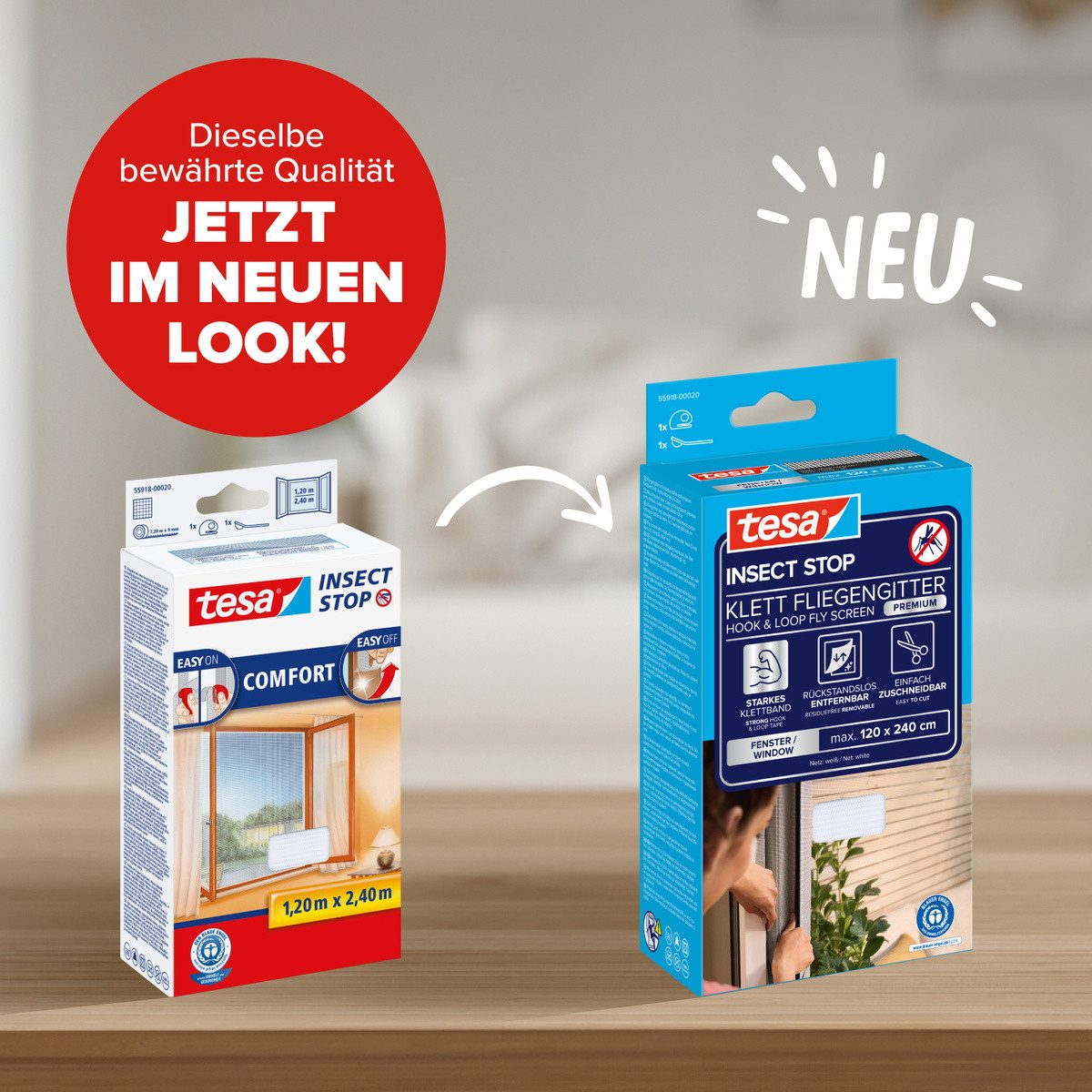 tesa Fliegengitter-Gewebe Premium für Fenster, Insektenschutz mit Klettband - 120 x 240 cm, (Packung, 1-St., Fliegennetz, Klettband, Andrück und Schneidehilfe), Mückenschutz mit starkem Klettband, rückstandsfrei entfernbar
