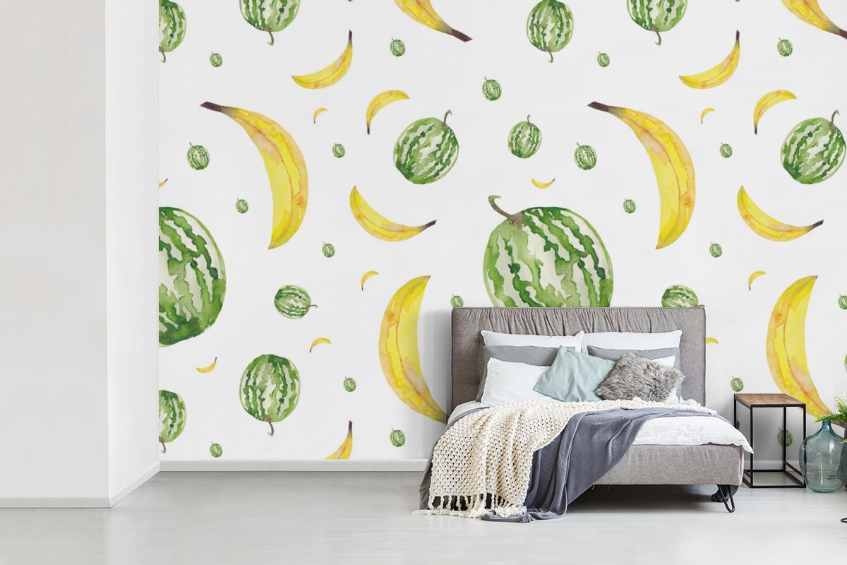 MuchoWow Fototapete Wohnzimmer, Kinderzimmer, (6 - St), Bananen Wallpaper Melonen Vinyl Tapete Matt, Schlafzimmer, Schablonen, bedruckt, - für