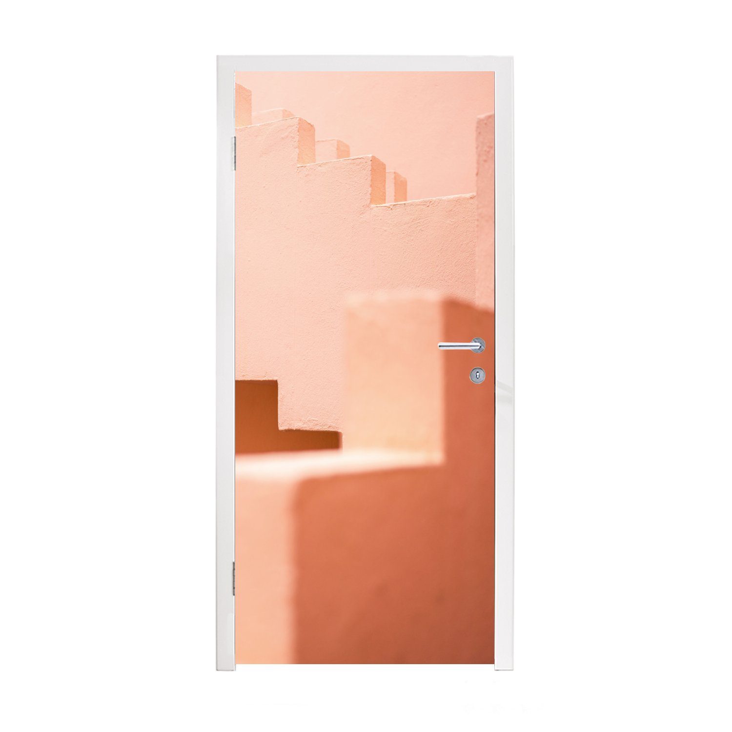 MuchoWow Türtapete Architektur Türaufkleber, für - 75x205 cm St), bedruckt, Pastell - Matt, - (1 Treppe Rosa, Tür, Fototapete