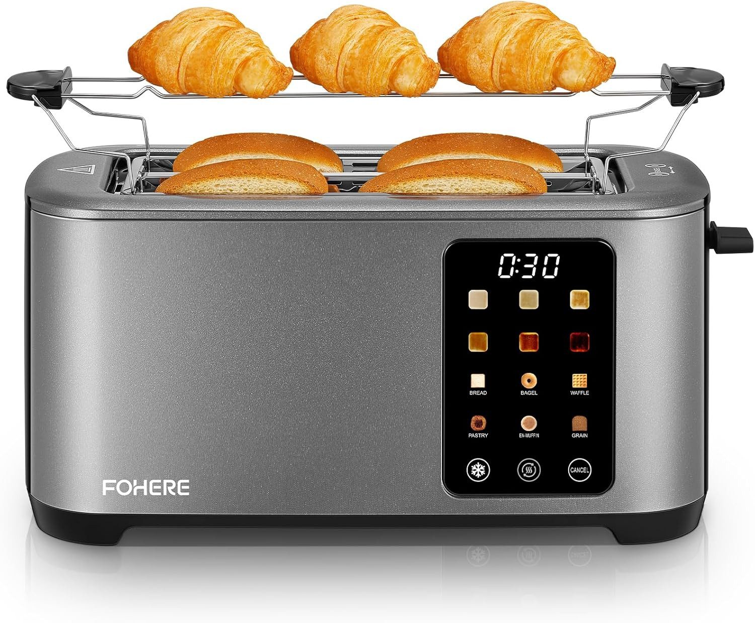 FOHERE Toaster Langschlitz 4 Scheiben, Brötchenaufsatz, LED-Display, Touchscreen, für 4 Scheiben, 1400 W, 6 Stufen, Auftauen & Aufwärmen, Edelstahl, Grau