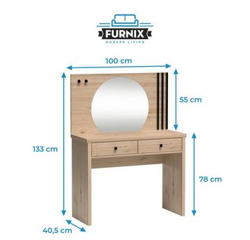 Furnix Schminktisch CALLINI Frisiertisch mit Rundspiegel und Schubladen Artisan, B100 x H133 x T40,5 cm, dekorative Leisten, hochwertig, made in Europe