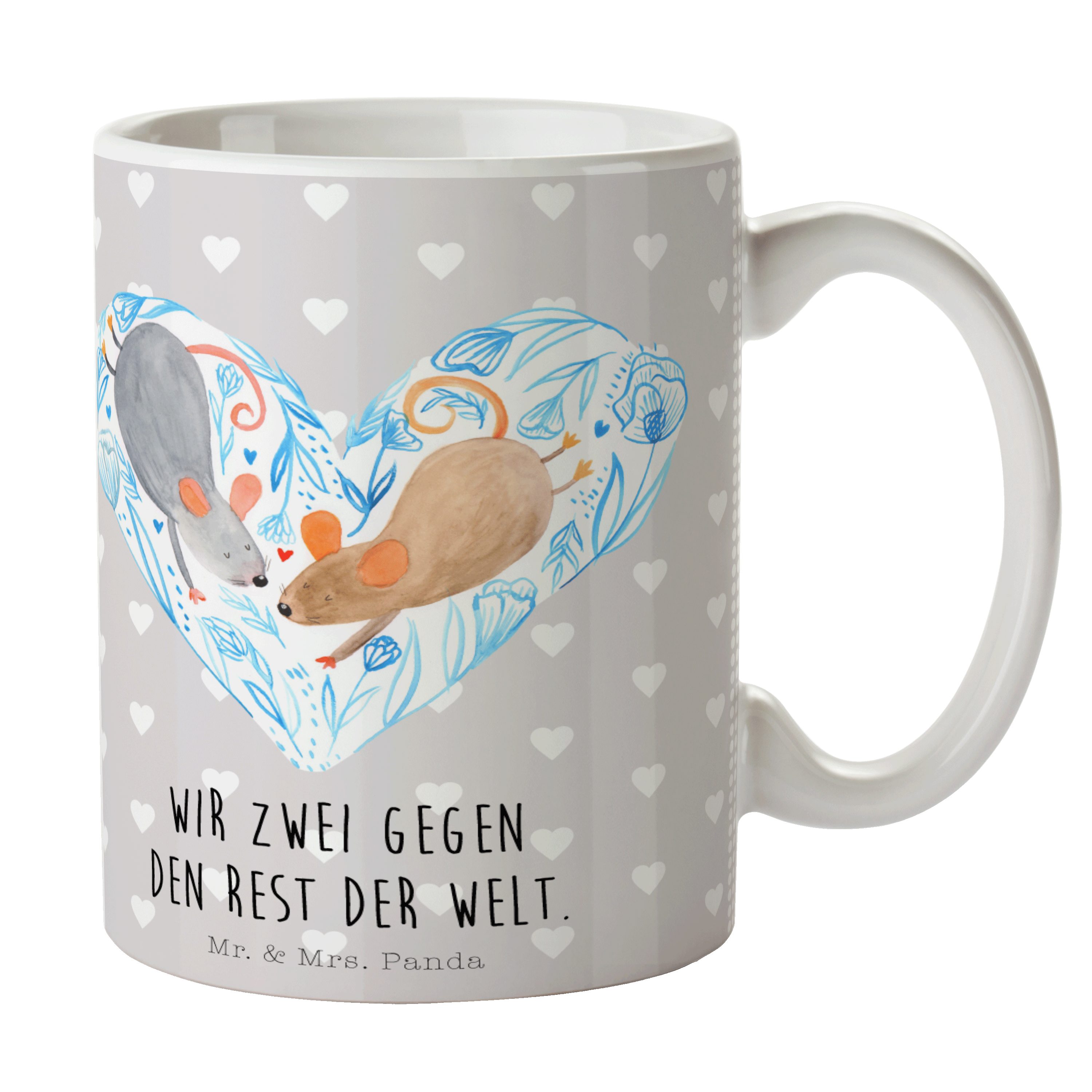 Mr. & Mrs. Panda Tasse Mäuse Herz - Grau Pastell - Geschenk, Ehemann, Liebesbotschaft, Kaffe, Keramik