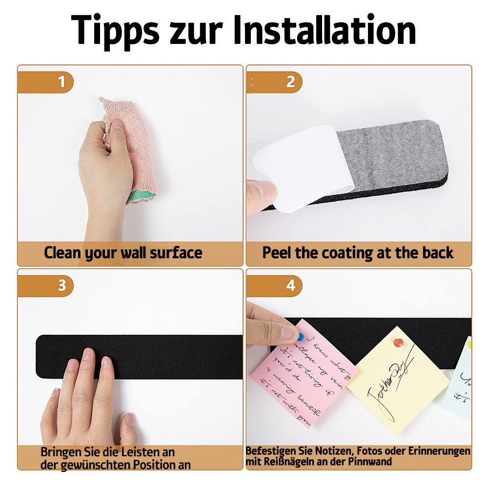 Zyronn Pinnwand selbstklebende Filz-Pinnwand,6er-Set Filz-Pinnwandleisten, 33x5x0.9cm, (6-tlg), Memotafeln Notiztafel für Fotos, Notizen und Termine, für Schlafzimmer