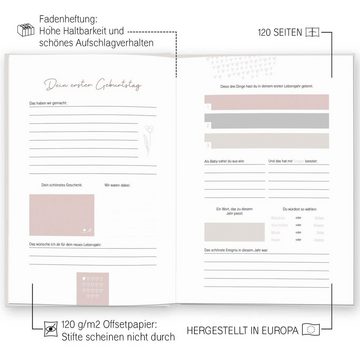 LEAF & GOLD Tagebuch Babybuch zum eintragen, Erinnerungen vom Ersten bis zum 18. Jahr, Babytagebuch für Mädchen &