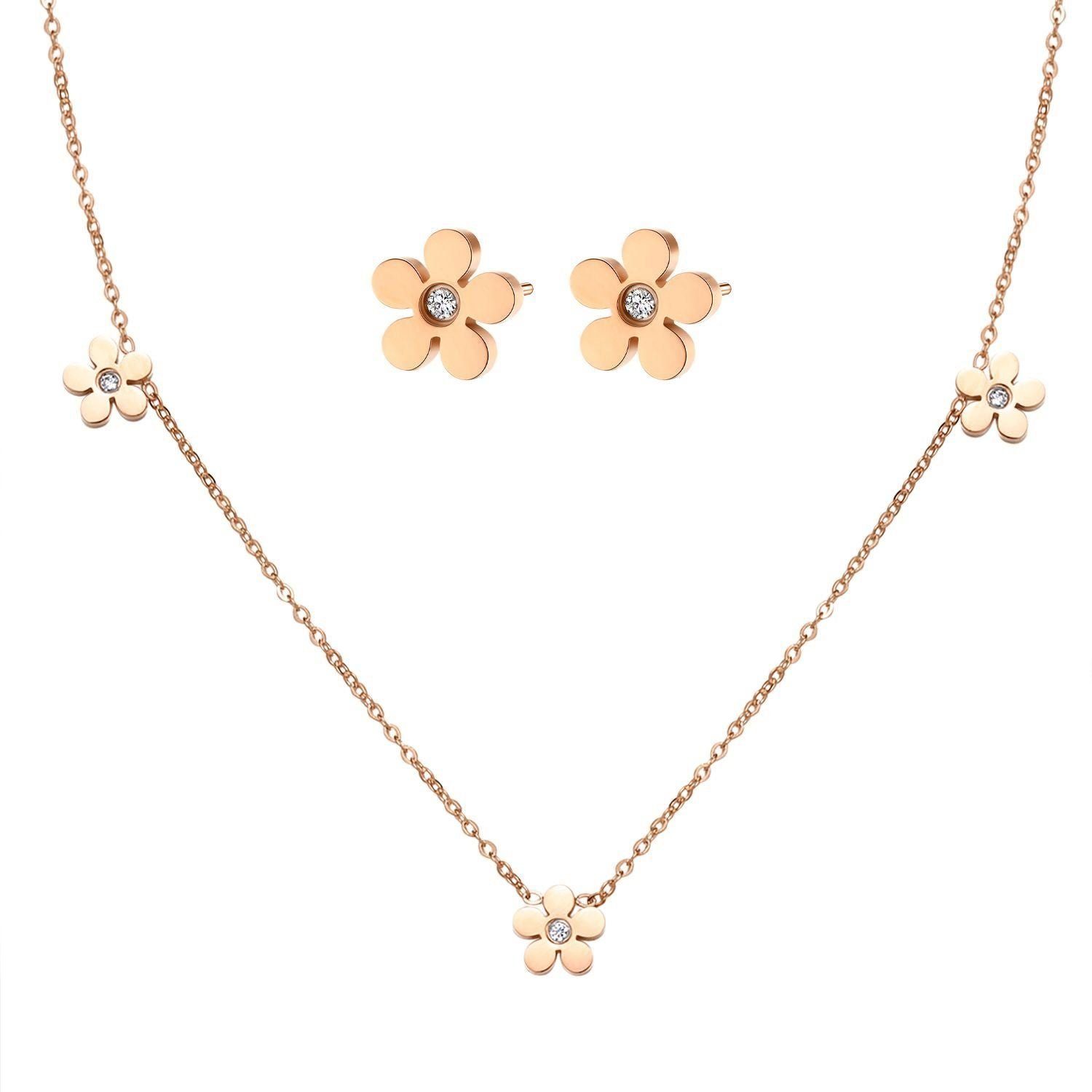 Hey Happiness Ohrring und Ketten Set Blume Kristall klein, 18K Roségold vergoldet, Layer Set Damen Halskette Ohrstecker Blüte Zirkon, wasserfest Rosegold