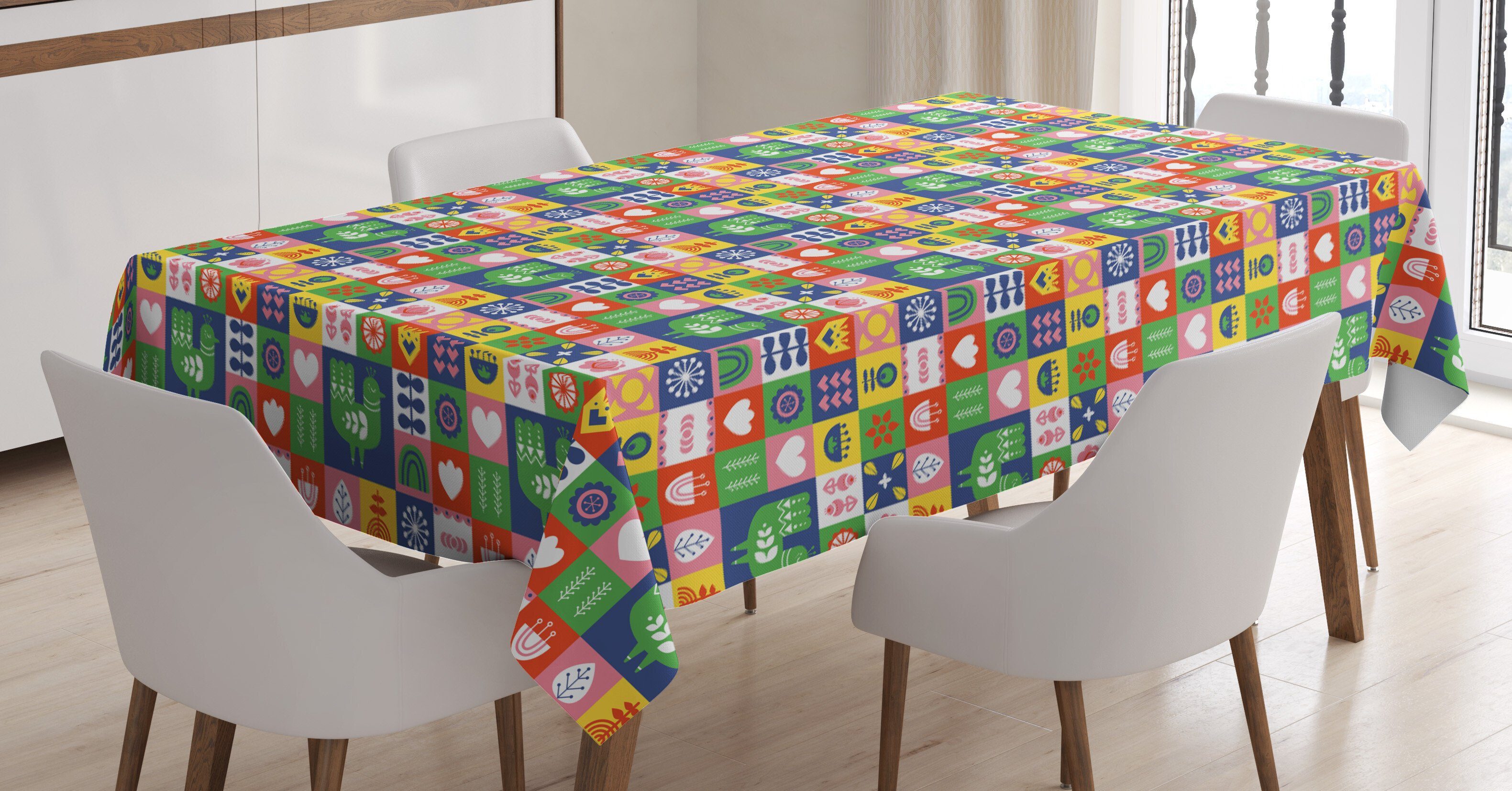 Abakuhaus Tischdecke Farbfest Waschbar Für den Außen Bereich geeignet Klare Farben, norwegisch Vögel und Blumen Retro