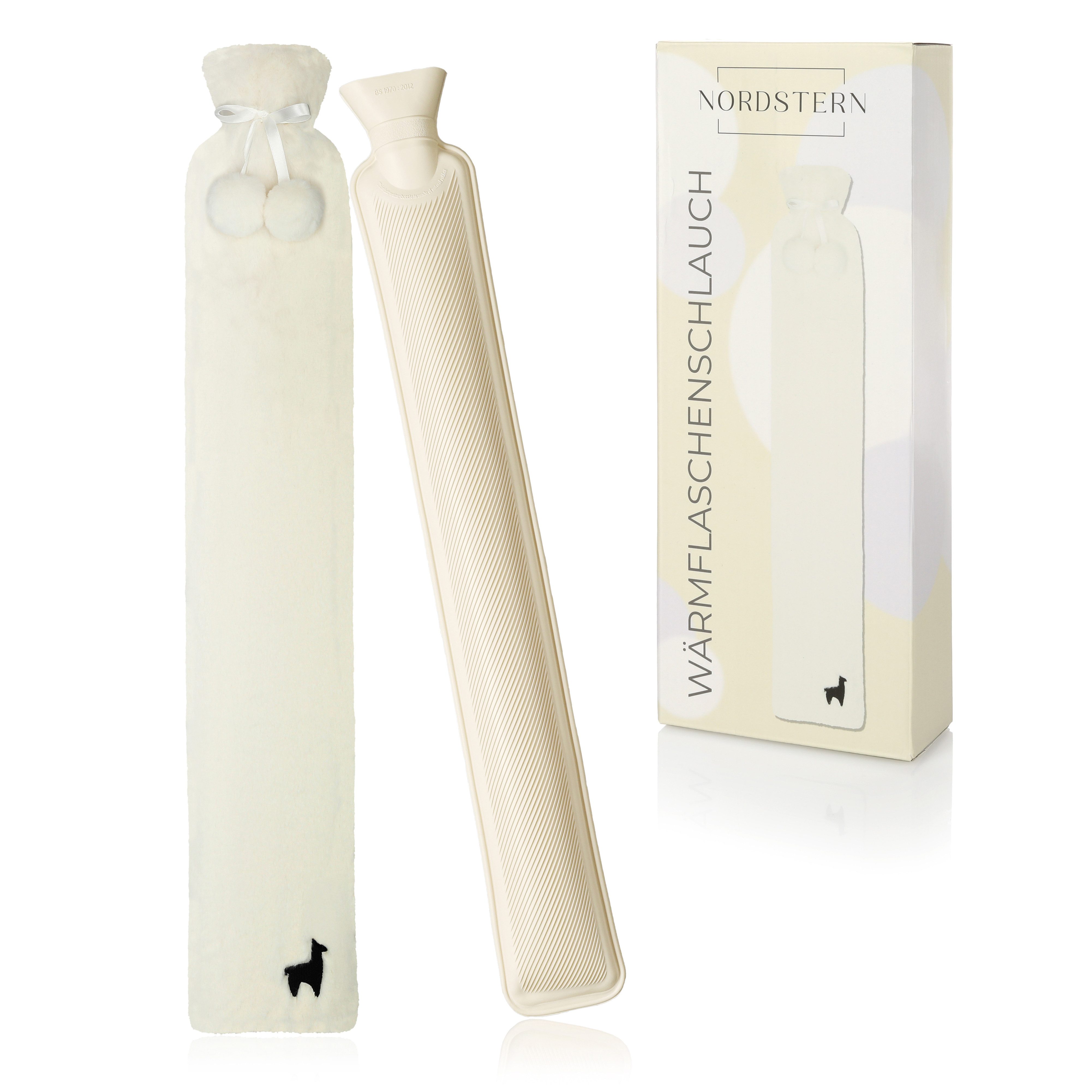 Nordstern Wärmflasche Schlauch Lang mit Bezug 75 cm, Flauschige Nackenwärmflasche für die Schultern