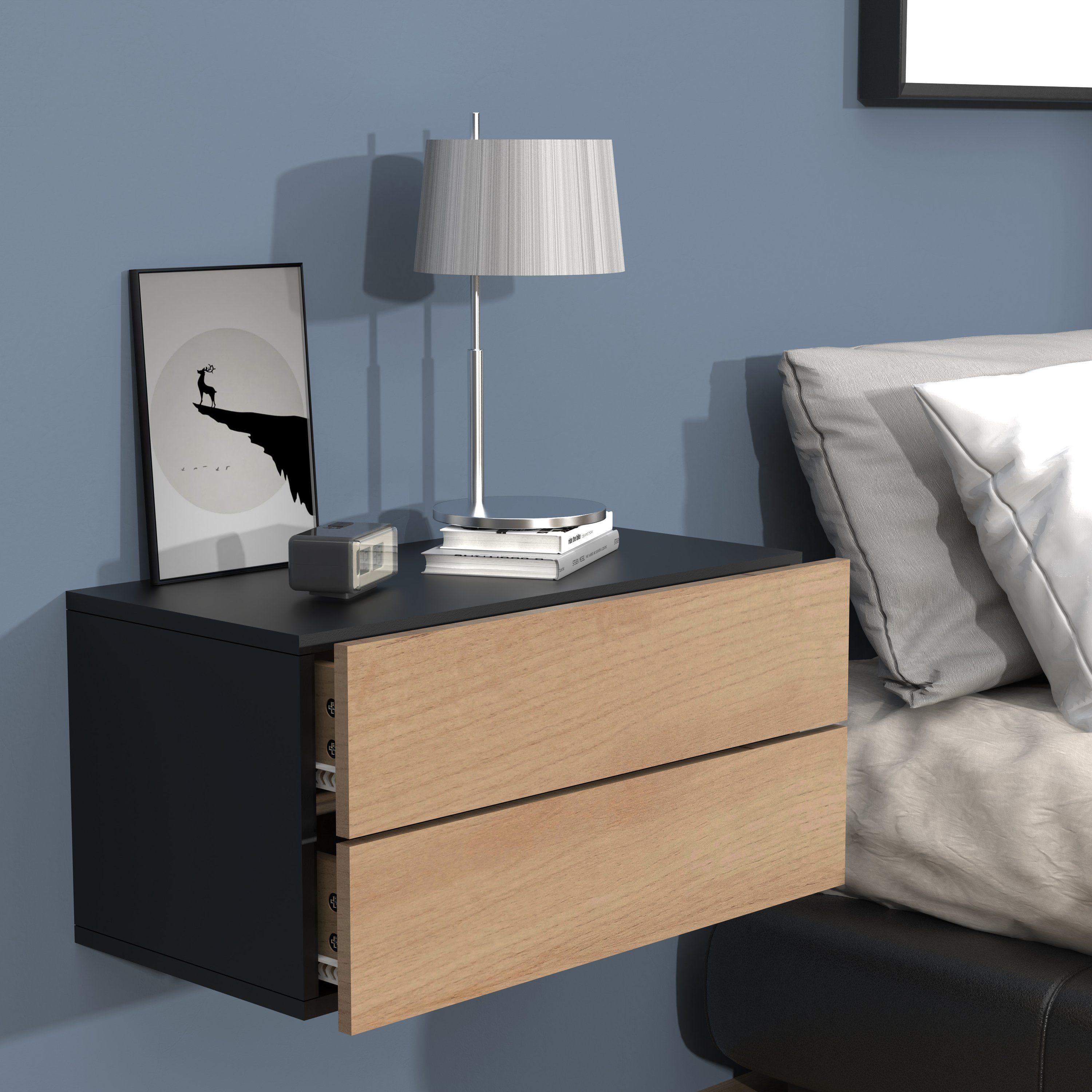 VCM Nachttisch Nachtkonsole Usal H. 30 x B. 60 x T. 32 cm, Nachtschrank, Wandschublade, Wandboard, Nachtkommode, Beistelltisch