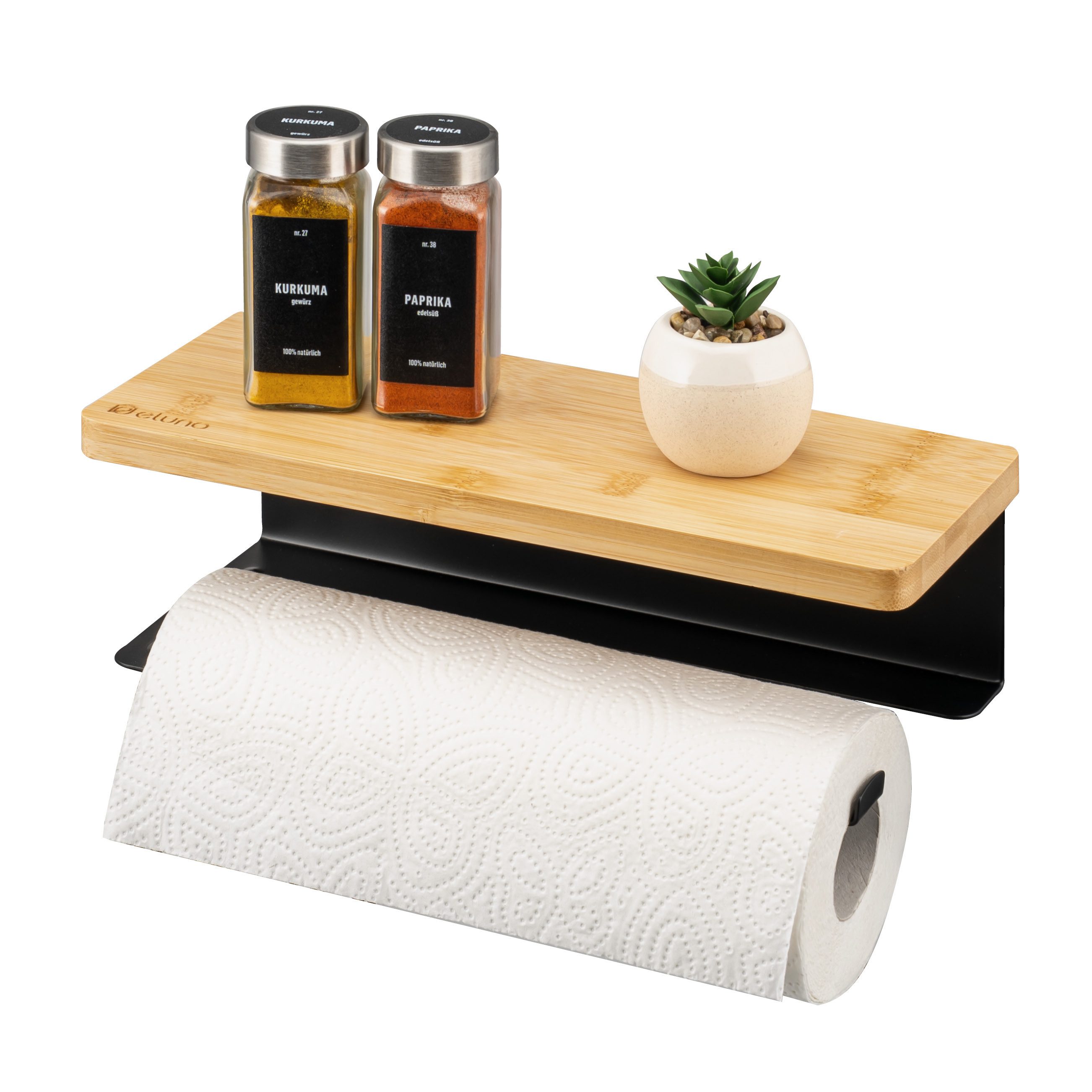 eluno Wandrollenhalter Küchenrollenhalter mit Bambusablage zur Wandmontage, (1-St., zum Kleben sowie Bohren), mit Bambusablage