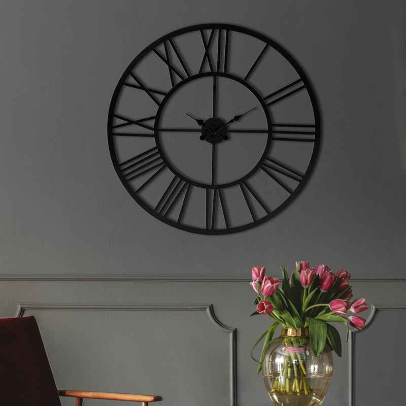 WOMO-DESIGN Wanduhr Designuhr Dekouhr Dekorative Uhr Design Uhr (Schwarz Ø92cm Rund Unikat handgefertigt Eisen Vintage-Stil Lautlos)