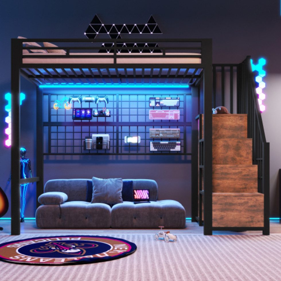 Ulife Hochbett 90 x 200cm, Eisenrahmen, Kleiderschrank, Stauraumleiter (3-St) 7-farbige LED-Leuchten, ohne Matratze