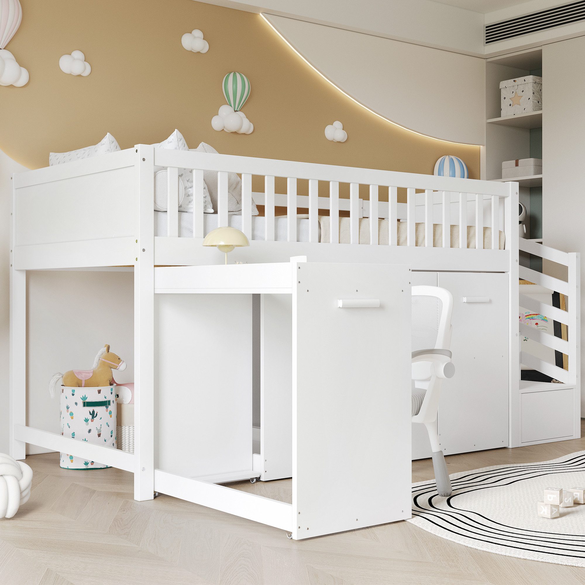 Merax Hochbett (2 Schließfächer in der Treppe, 1-St., Kieferholz Kinderbett Jugendbett Stockbett Holzbett) Etagenbett 90x200cm mit Schreibtisch Kleiderschrank & – Bild 4 von 5