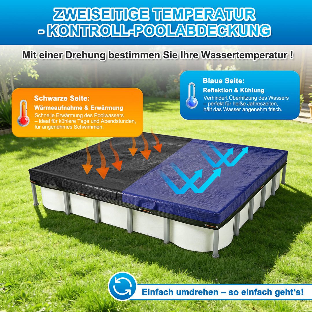 Clanmacy Pool-Abdeckplane Pool-Abdeckplane PE rechteckig Blau/Schwarz mit Ösen & Stahlseil