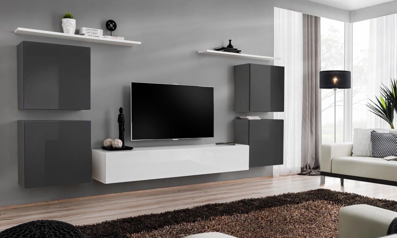 JVmoebel Wohnzimmer-Set Wohnzimmer Weiß Wohnwand Set Wandregal TV-Ständer Holzmöbel, (8-St., 1x Wohnwand + 1x TV Ständer + 4x Wandschrank + 2x Wandregal), Made in Europa