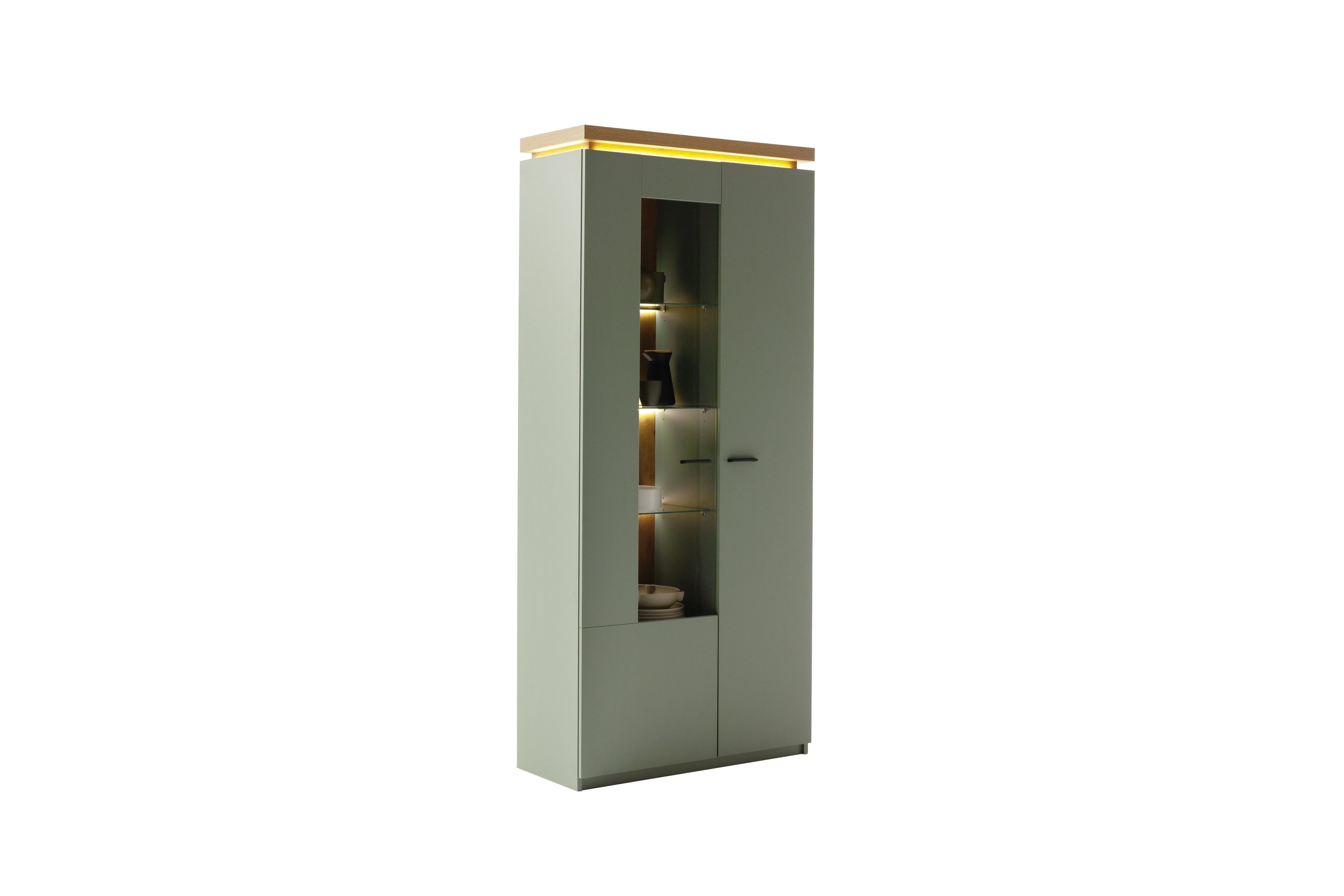 freiraum Stauraumvitrine MONIZ 2 Türen, LED, in Salbei grün / Eichenfarben Dekor - 88x197x38 (BxHxT)