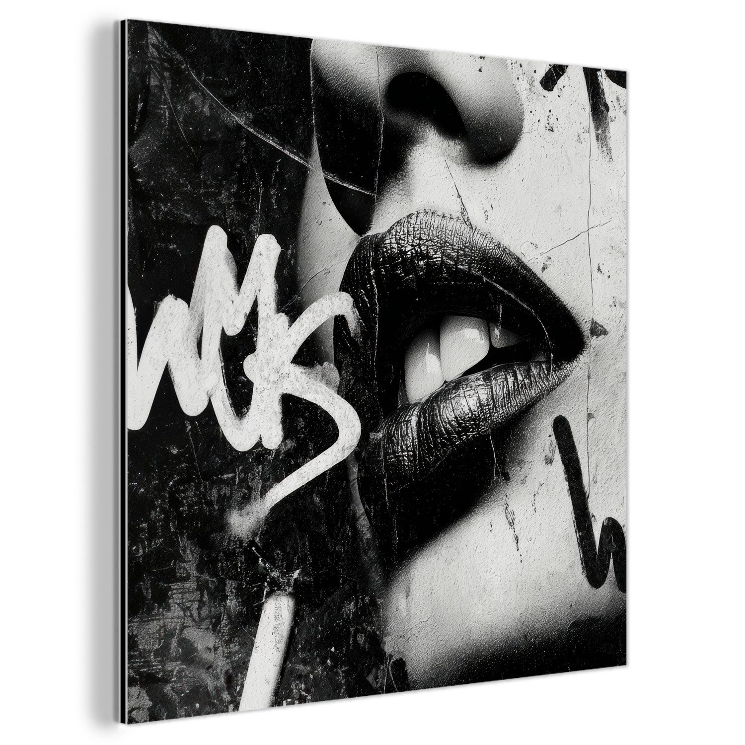 MuchoWow Metallbild Gesicht - Mund - Graffiti - Schwarz, Inkl. Aufhängung, Alu-Dibond-Druck, Wandbild aus Metall, Aluminium deko, 20x20 cm