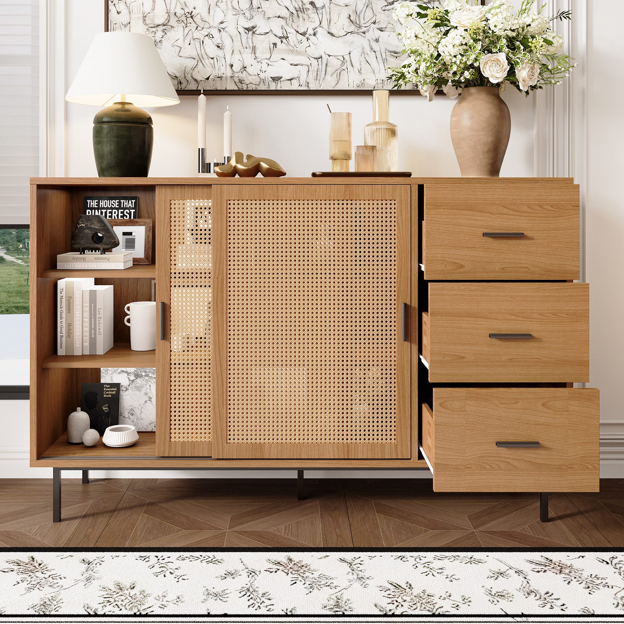 Merax Sideboard Kommode mit 2 Rattan Schiebetüren, 3 Schubladen (1 St., für Wohnzimmer Esszimmer, Natur), Landhausstil Sideboard mit Verstellbaren Böden