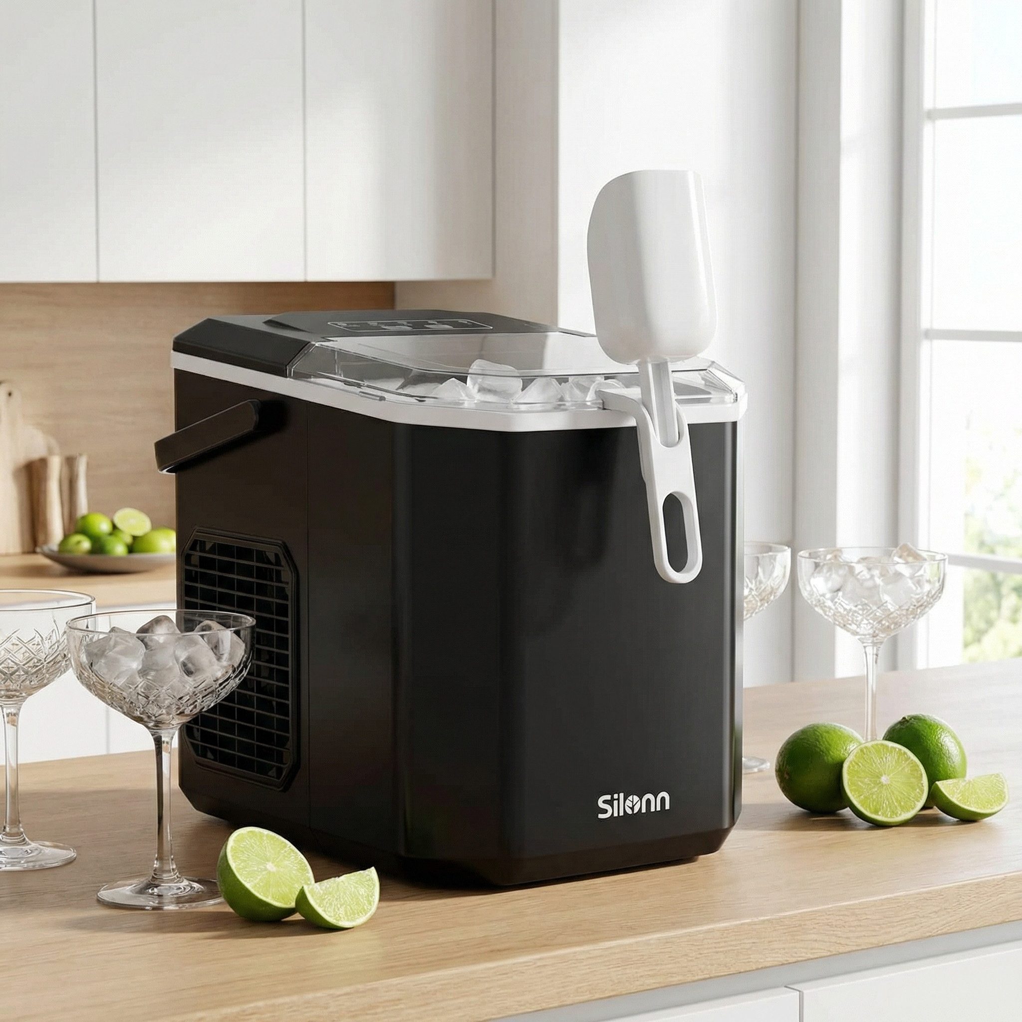 Silonn Eiswürfelmaschine 9 Würfel in 6 Min, 12 kg/Tag, 2 Eisgrößen, Eiswürfelbereiter, Tragbar, Selbstreinigend, Energiesparend, ≤ 45 dB - Für Haushalt, Camping