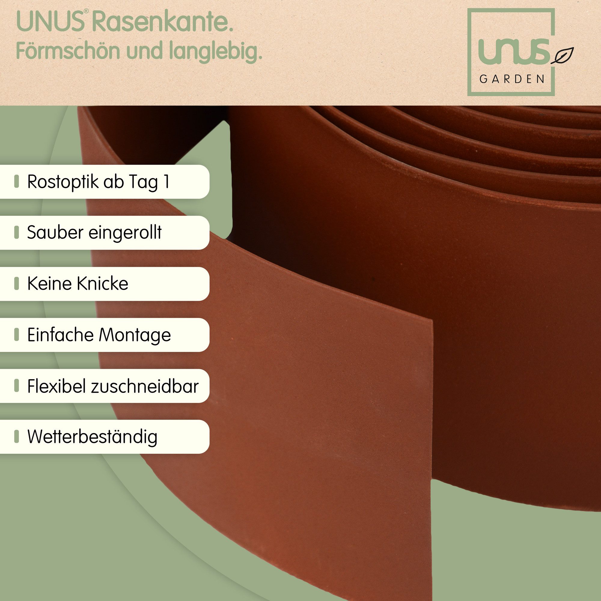 UNUS GARDEN Rasenkante Beeteinfassung Rostoptik 14x500 cm, LxH: 500x14 cm, inklusive Handschuhe, Mähkante, Beetumrandung, Rasenkante 5 Meter, robust