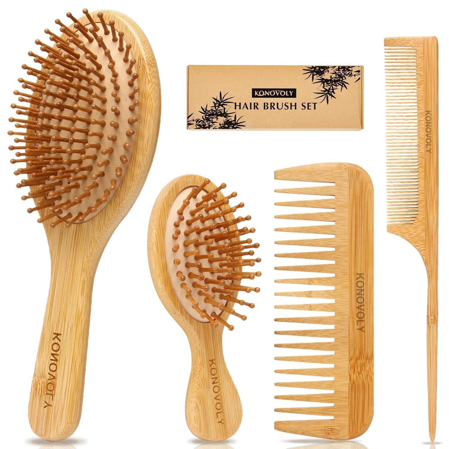 LuxusKollektion Haarbürsten-Set Bambus Haarbürste Set mit breitem Zahnkamm und Kopfmassage, 4-teilig