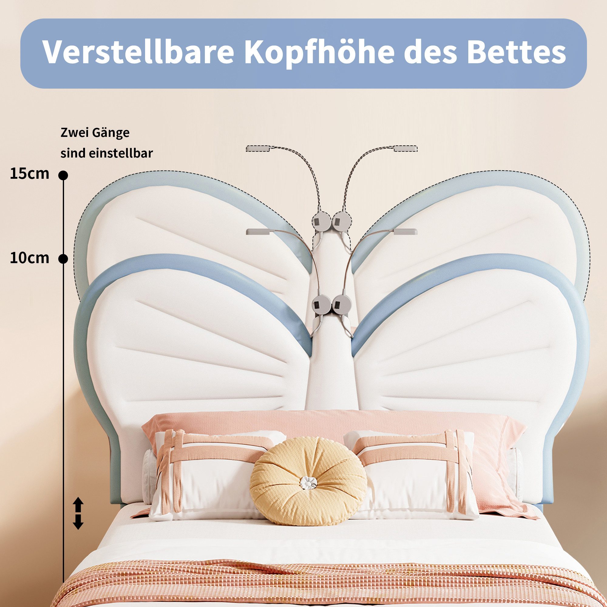 ADWOLT Polsterbett Kinderbett Bettgestell in Schmetterlingsform, Mit LED-Leseleuchte (Packung, 1-tlg., Jugendbett), 90x200 cm,Geeignet für Jugendliche und Kinde – Bild 3 von 5