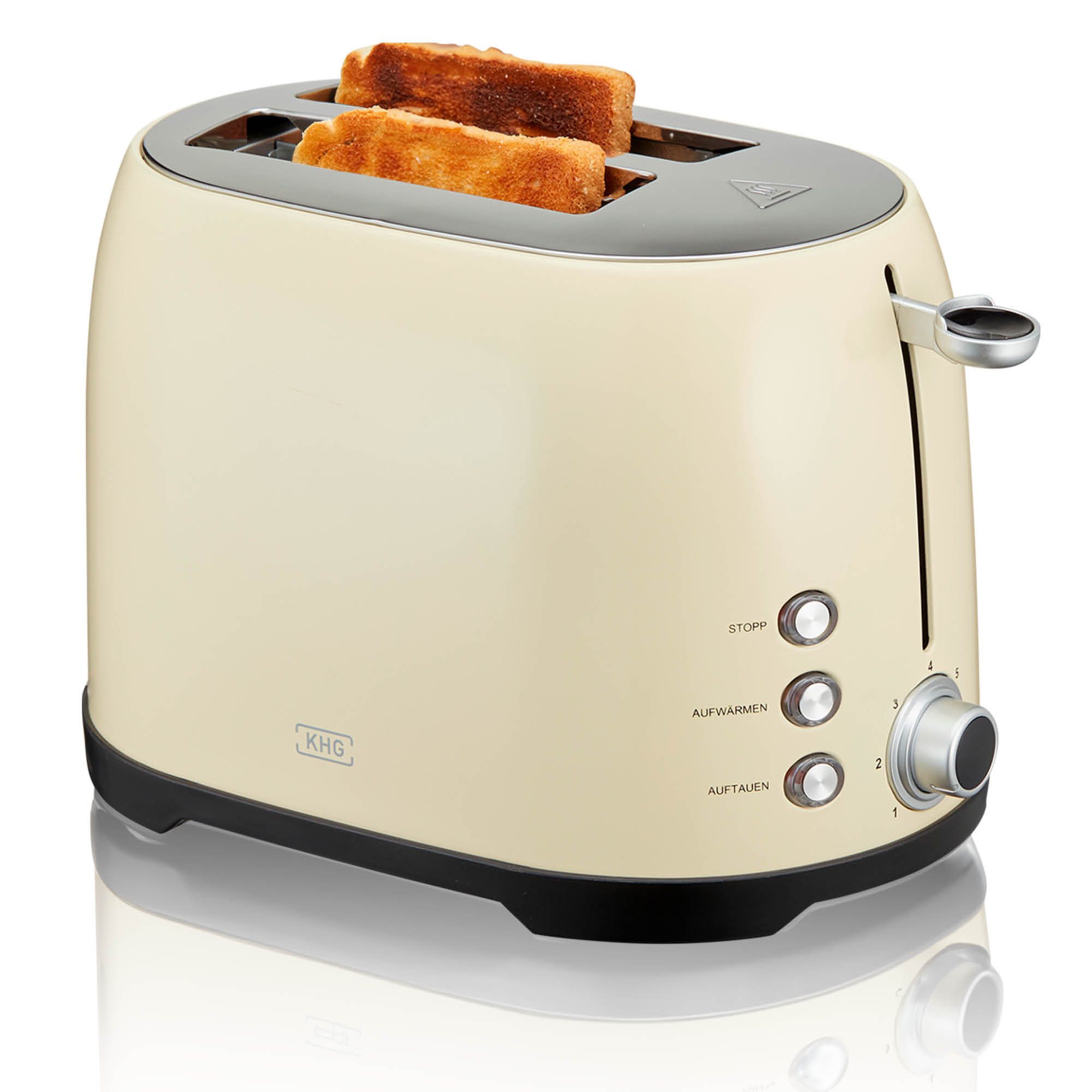 KHG Toaster Creme, Auftau- und Aufwärmfunktion, 7 stufenlose Bräunungsstufen, 2 kurze Schlitze, für 2 Scheiben, 800 W, Edelstahl, Brötchenaufsatz, Krümelschublade