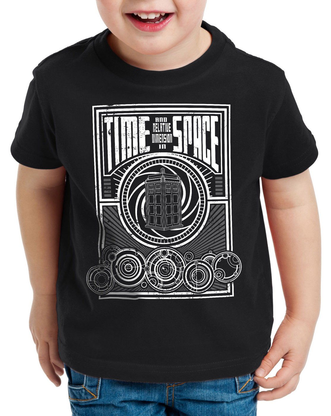 style3 Print-Shirt Kinder T-Shirt Time meets Space zeitreise timelord notrufzelle schwarz