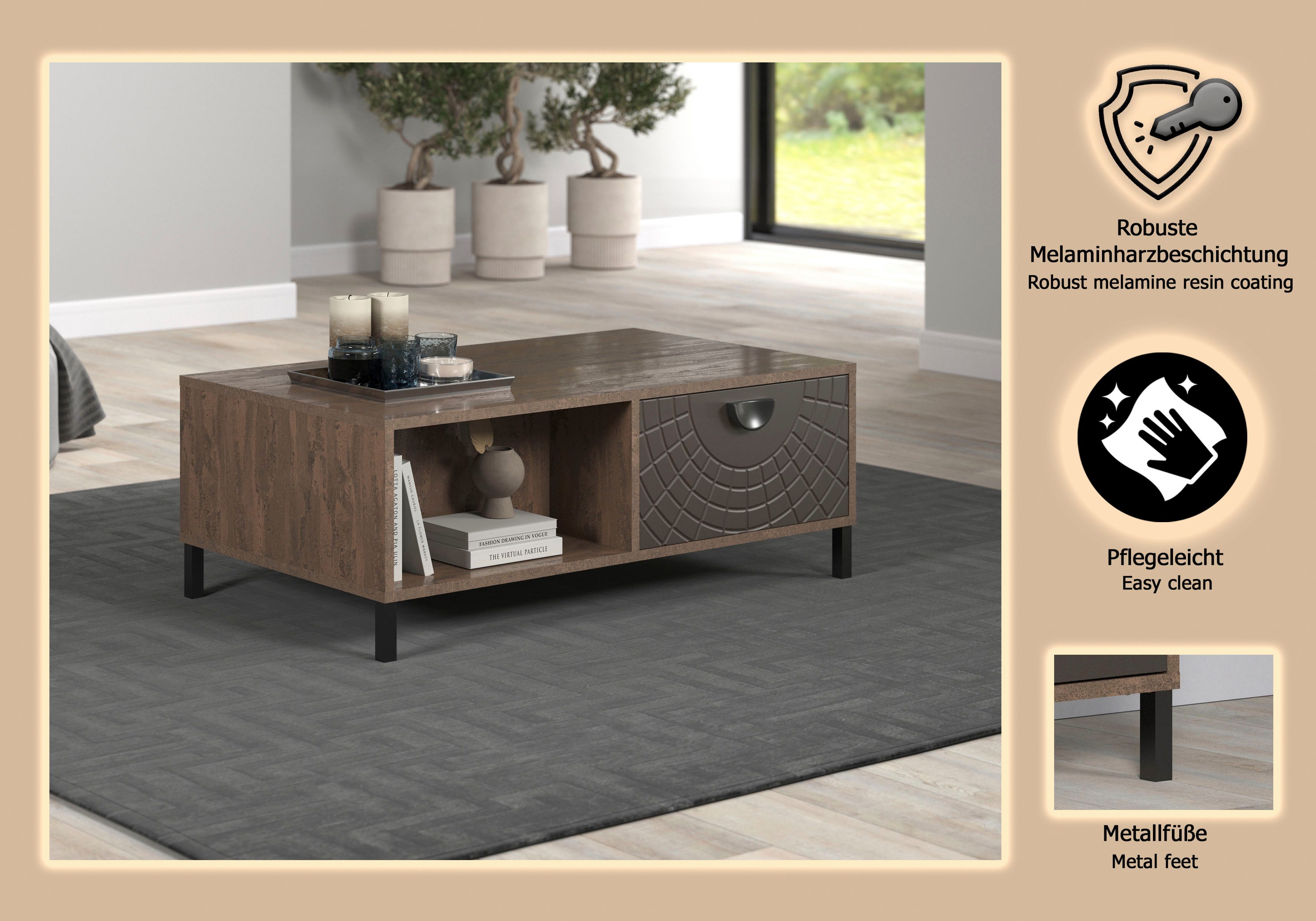 INOSIGN Couchtisch Fusion (1-St), Couchtisch mit 2 Schubladen & 2 offenen Fächern - (B/T/H) 110/60/37 cm