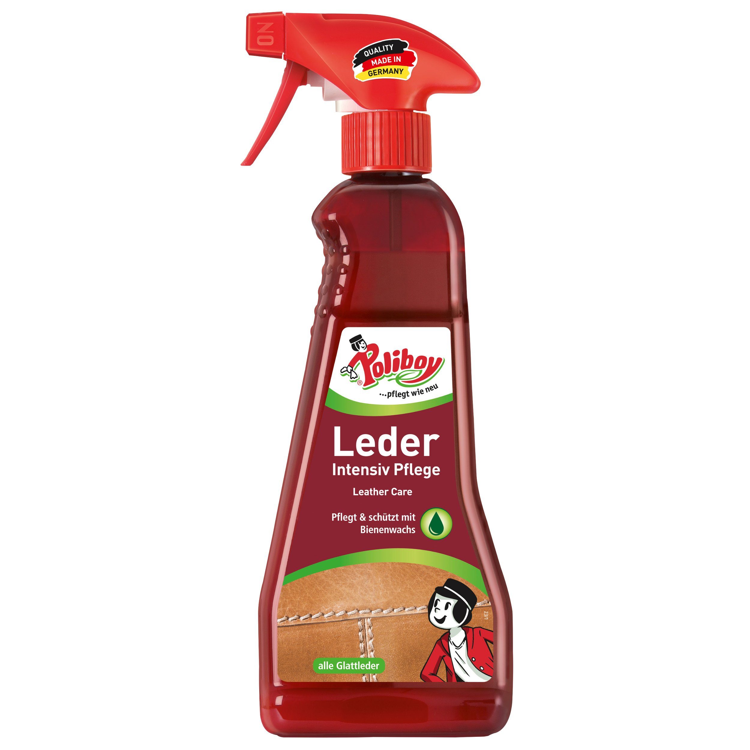 poliboy Leder Intensiv Pflege - reinigt, pflegt und schützt - 375ml Lederreiniger (für alle glatten und genarbten Leder - Made in Germany)
