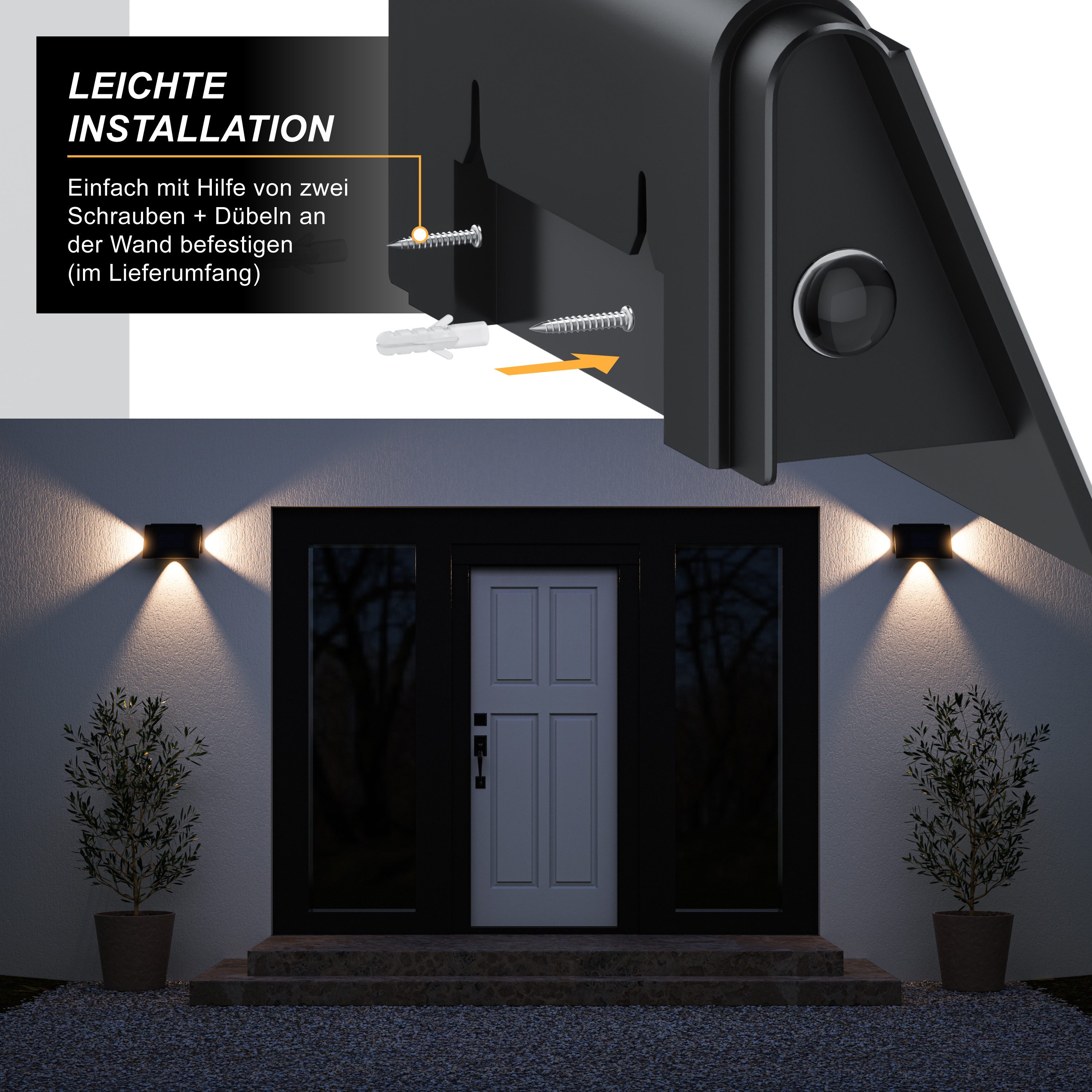 BEARWARE LED Solarleuchte Solar Wandleuchte für außen mit Akku & ohne Stromanschluss Wasserdicht, Ein-/Ausschalter; mehrere Helligkeitsstufen, LED fest integriert, Warmweiß, 1800 mAh Akku, Solarpanel, IP54, wetterfest, für Außenmontage