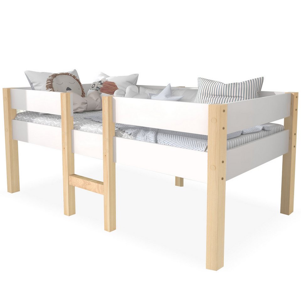 Flieks Kinderbett »Wonderland« (3-St), zweistockes Hausbett mit Treppe mit 3 Schubladen, Massives Kieferholzbett mit Lattenrost und Tafel, 200x90cm…