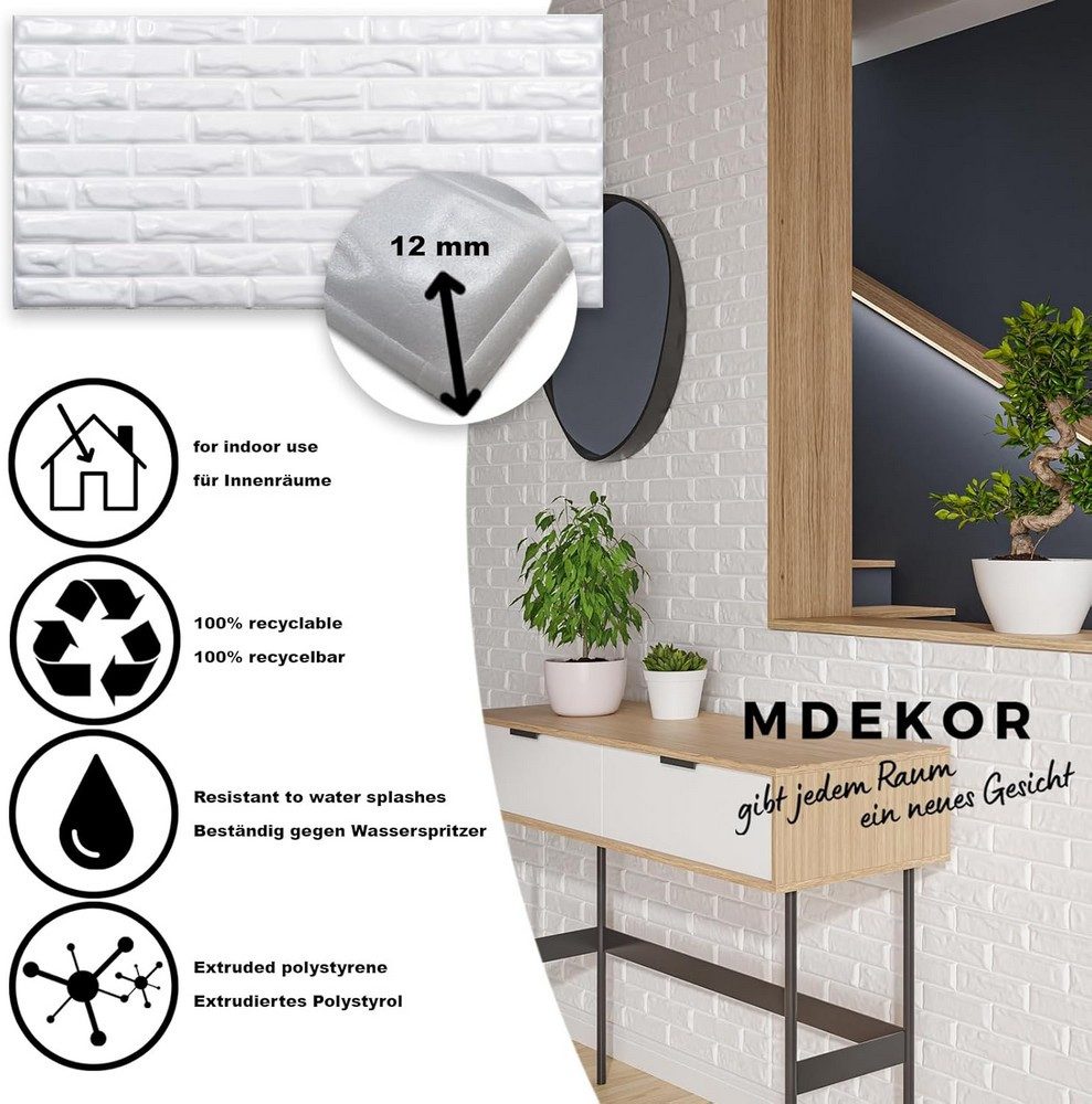 MDEKOR 3D Wandpaneel MDEKOR XPS Dekorative für Innenräume, (60-tlg) 30 m², Ziegeloptik 50x100 cm Brick White, Paneele 12 mm dick