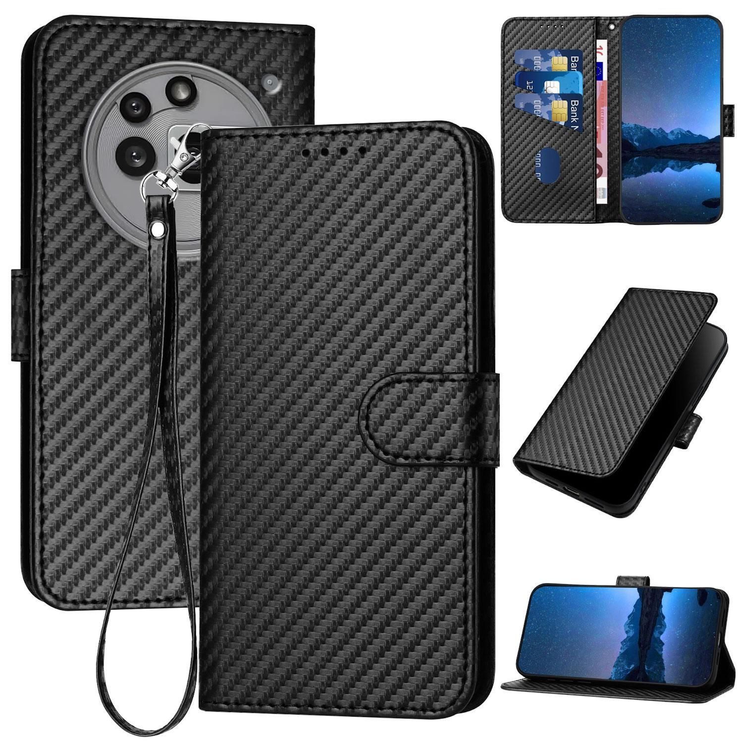 Wigento Handyhülle Für Nothing Phone 3a Pro Carbon Fiber Kunstleder Tasche Hülle Schwarz, Carbon-Optik Hülle mit Kartenfach und Standfunktion