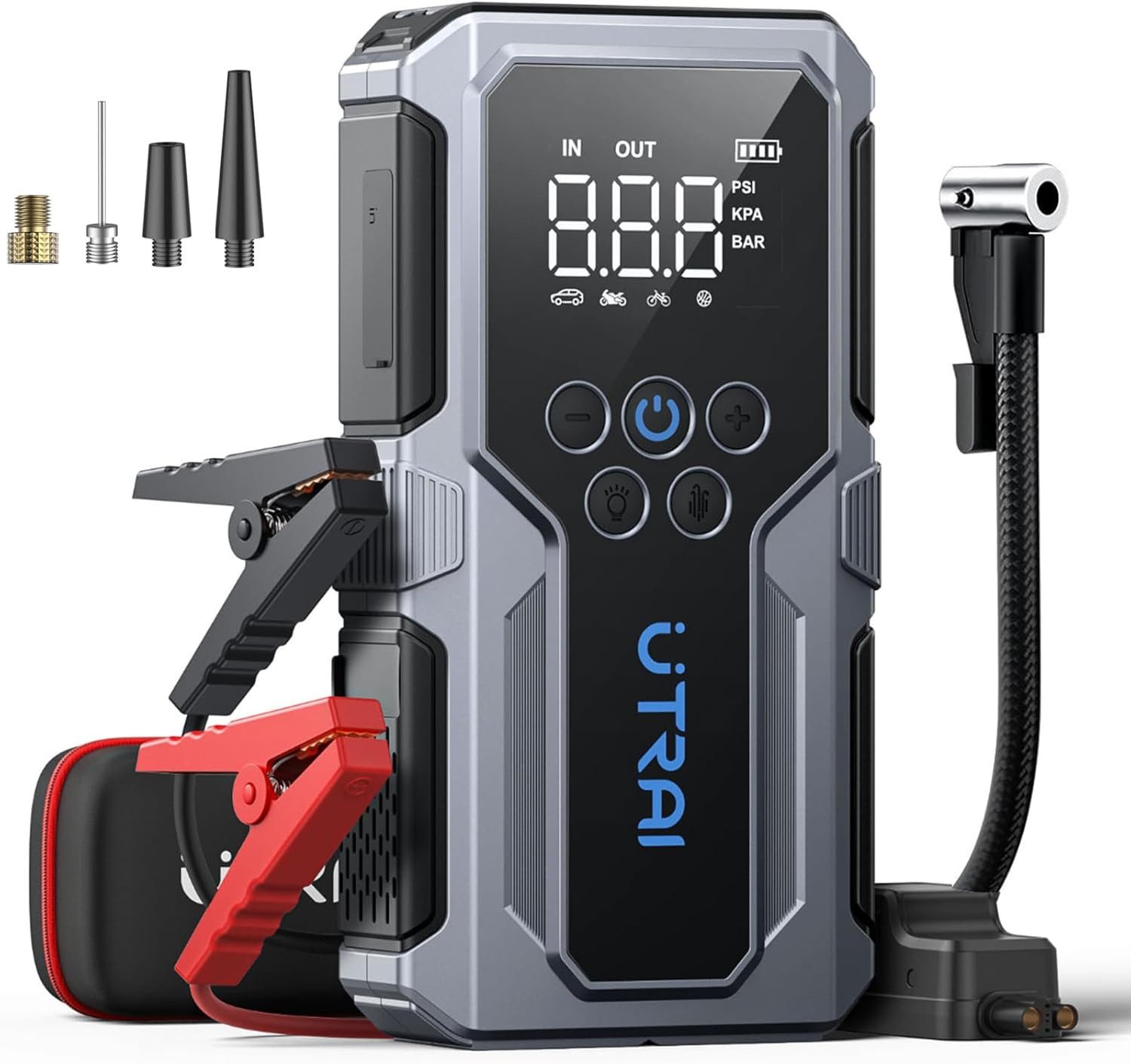 UTRAI 1500A Starthilfe Powerbank fürs Auto 15000 mAh, 18W Schnellladung Starthilfegerät, 150 PSI-Reifenfüller, 4-in-1 Powerbank mit 3 Leuchtmodi