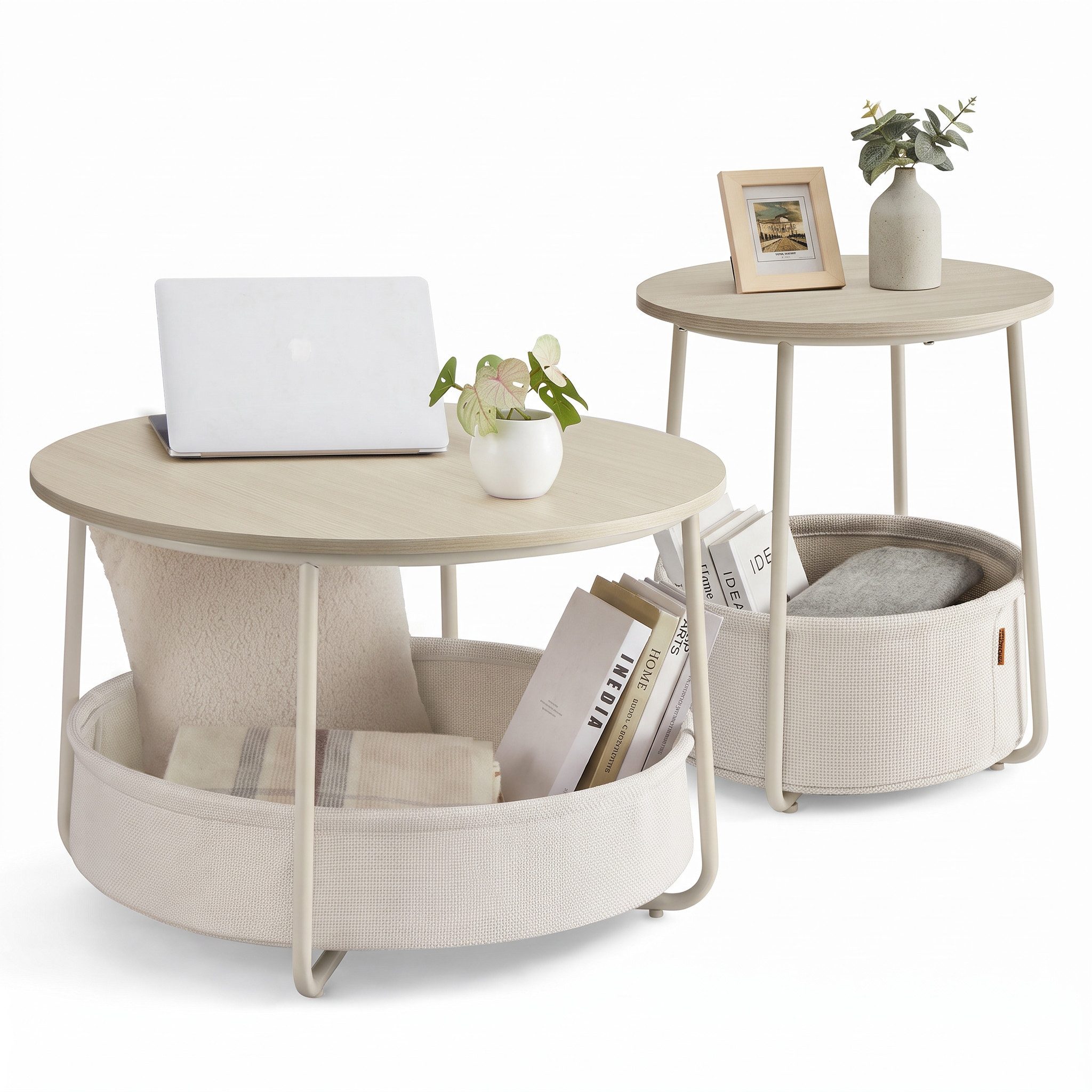 VASAGLE Couchtisch Wohnzimmertisch rund 2er Set, mit Stauraum Stoffkorb, Sofatisch, holz (inkl. Zubehörpaket & Anleitung), Beistelltisch …